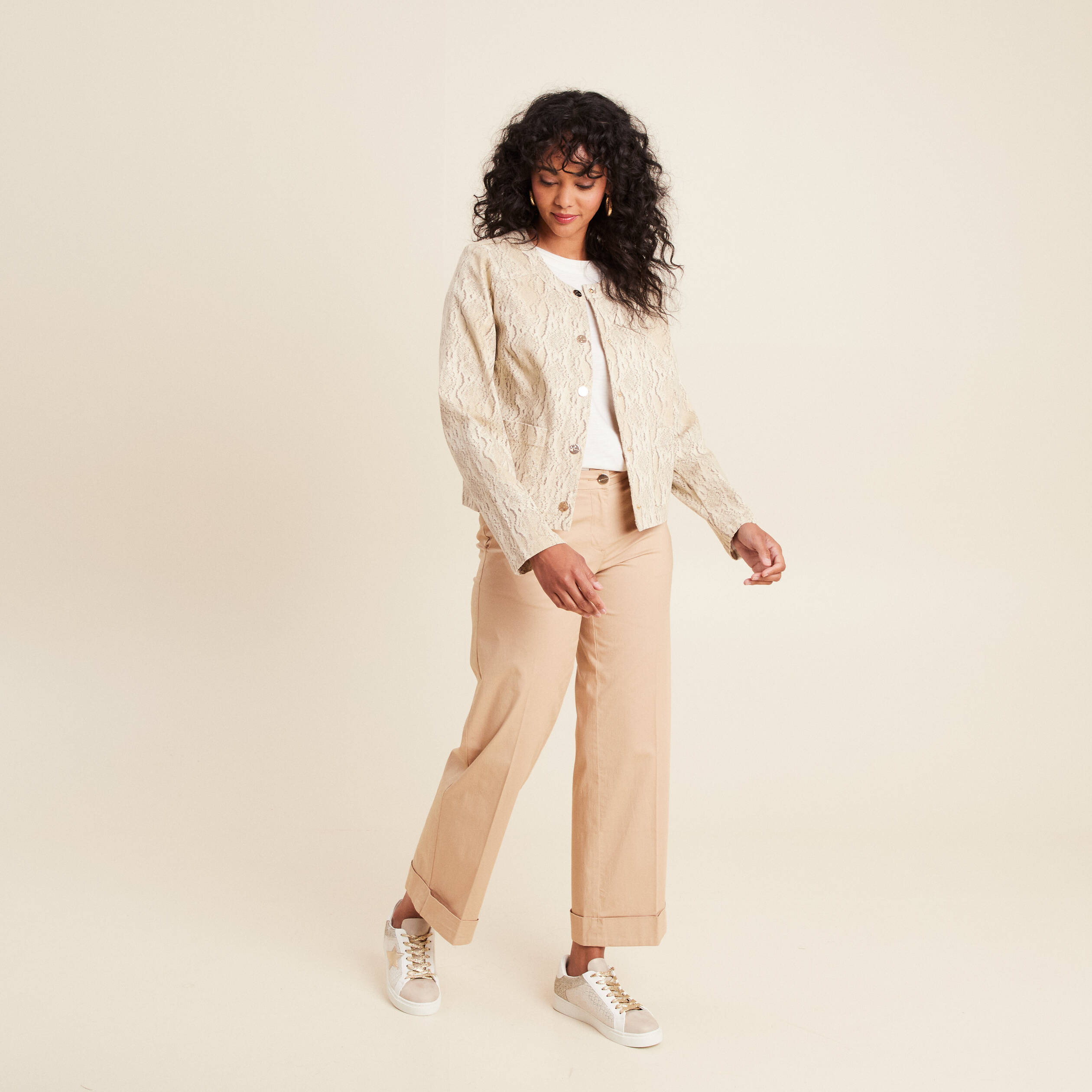 veste sans col beige femme