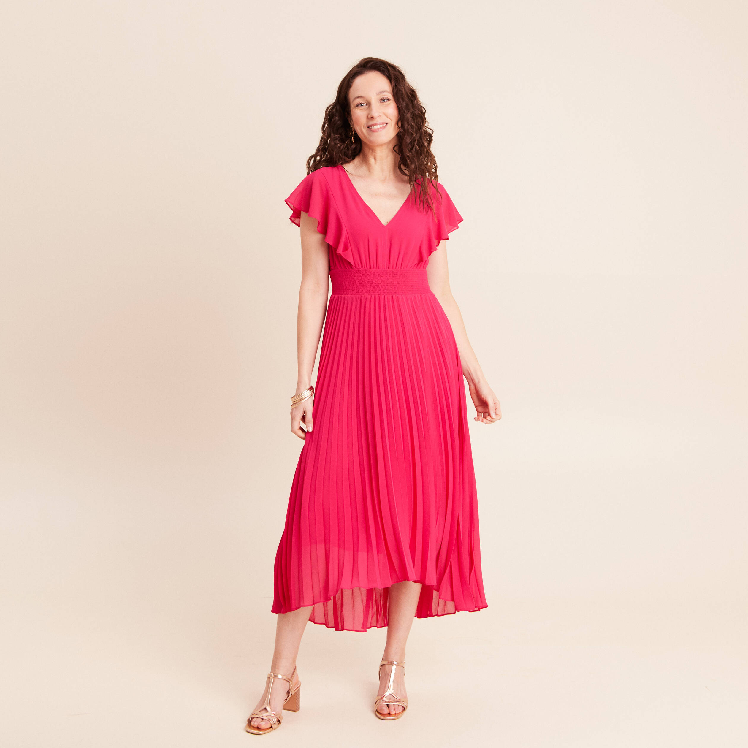 Robe longue &eacute;vas&eacute;e &agrave; volants rose fushia femme
