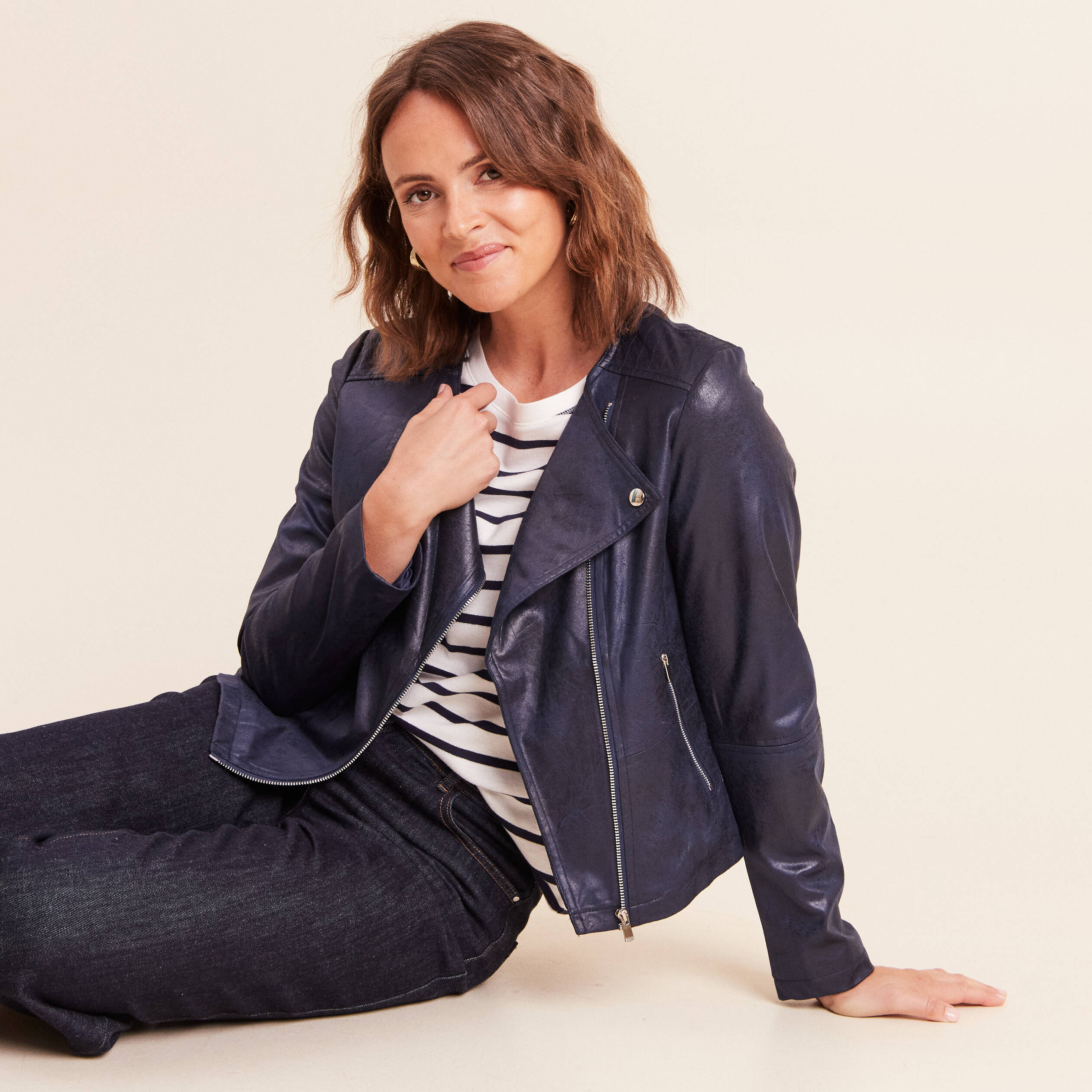 Veste droite zipp&eacute;e bleu fonc&eacute; femme
