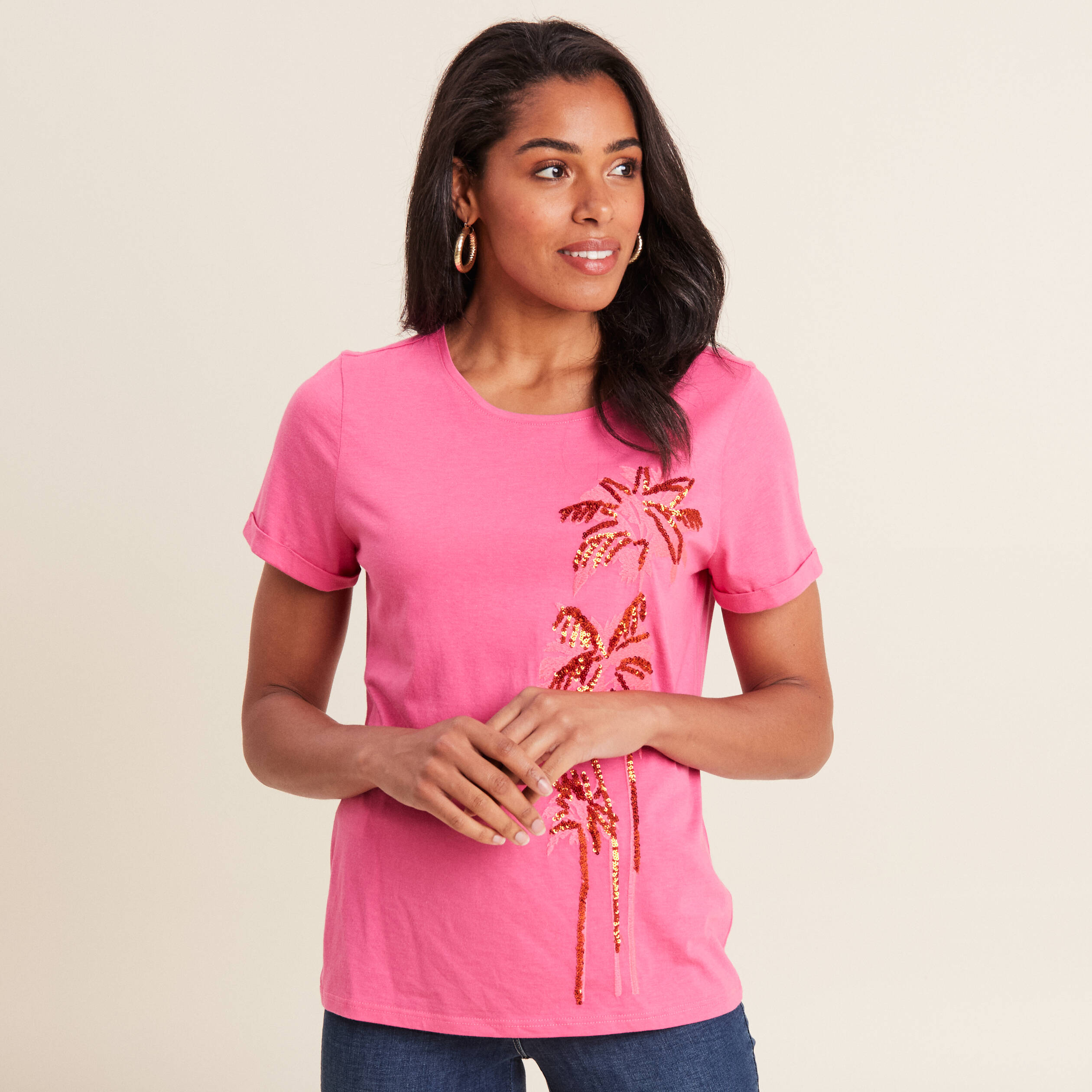 T-shirt manches courtes rose fushia femme