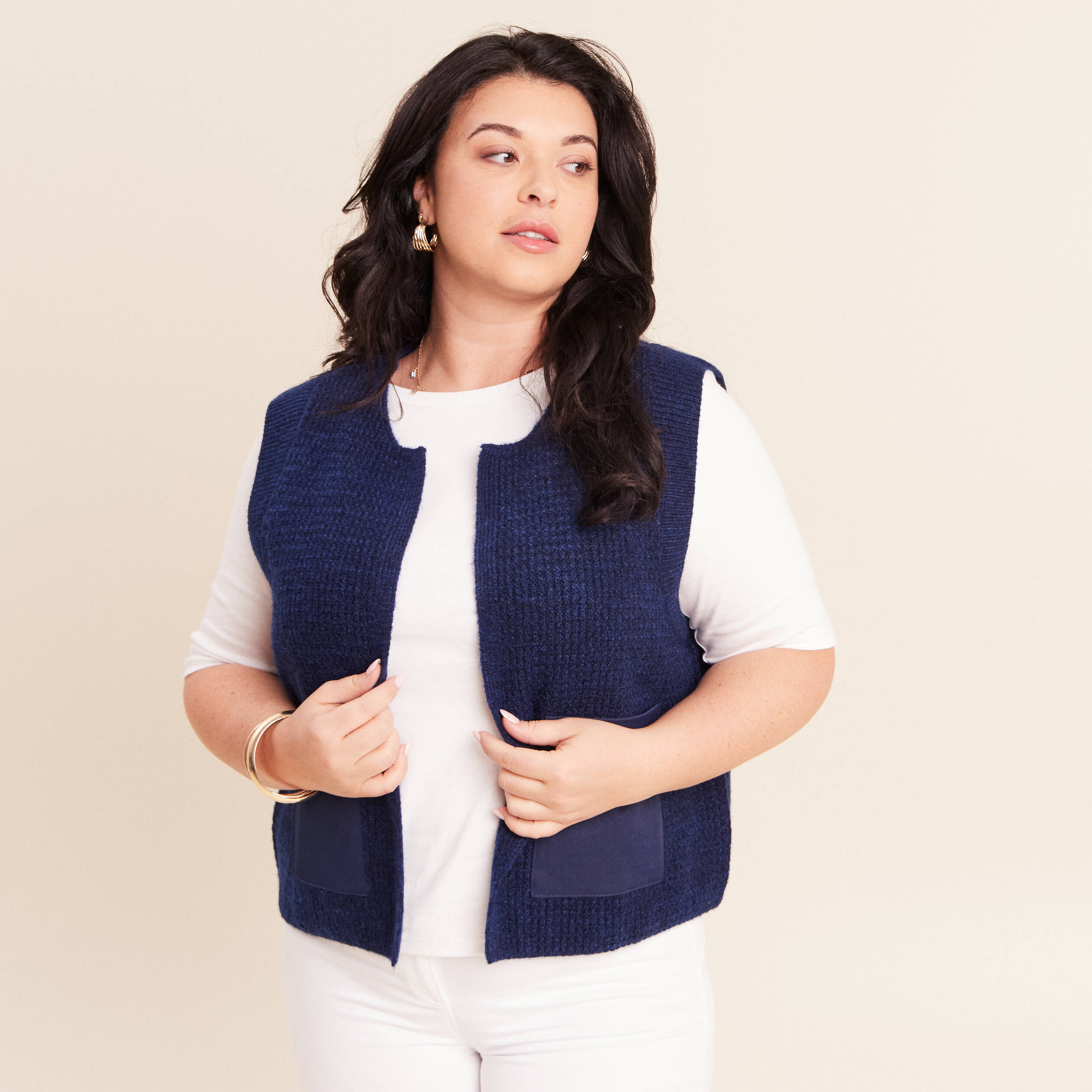 Gilet sans manches aspect laineux bleu marine femme
