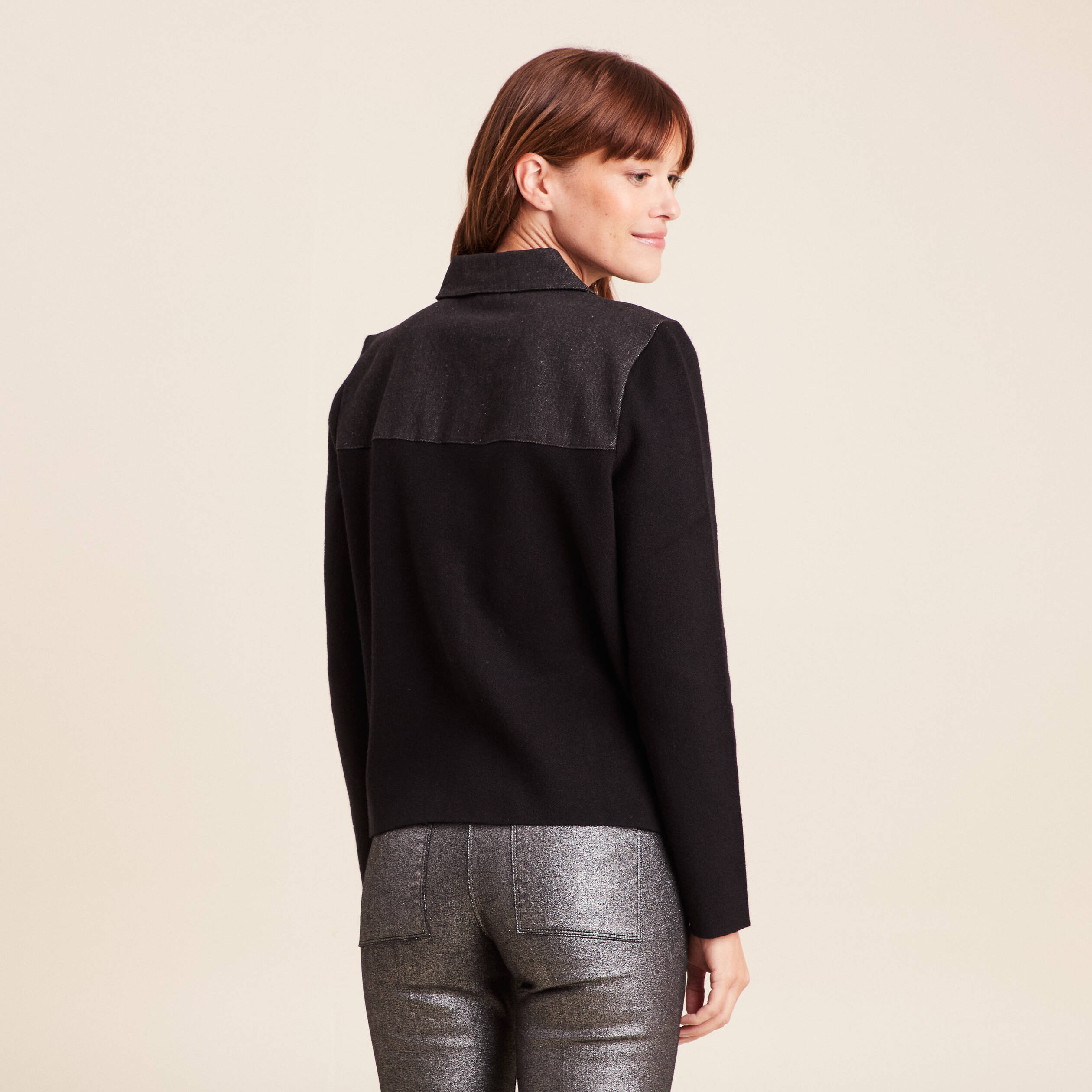 Gilet col rond manches longues strass noir femme