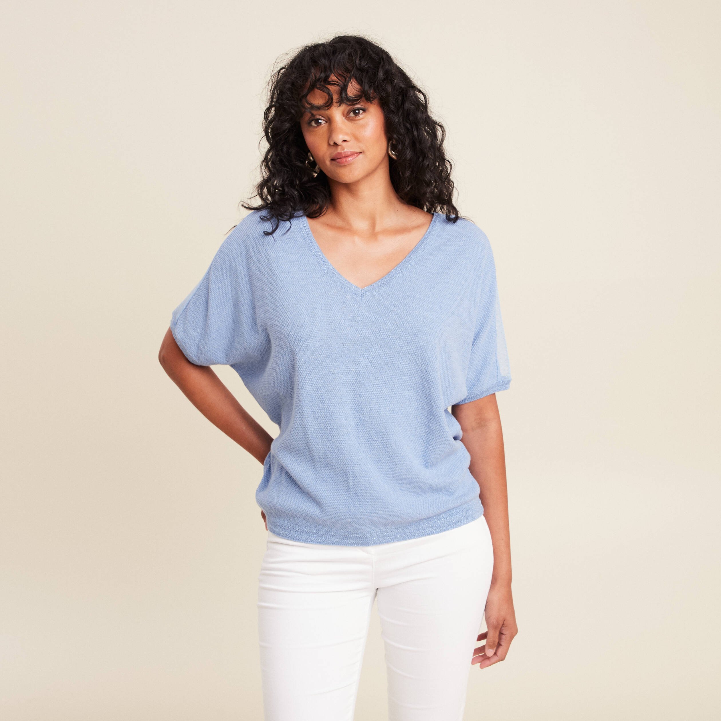 pull manches courtes plumetis bleu ciel femme Pull manches courtes plumetis bleu ciel femme
