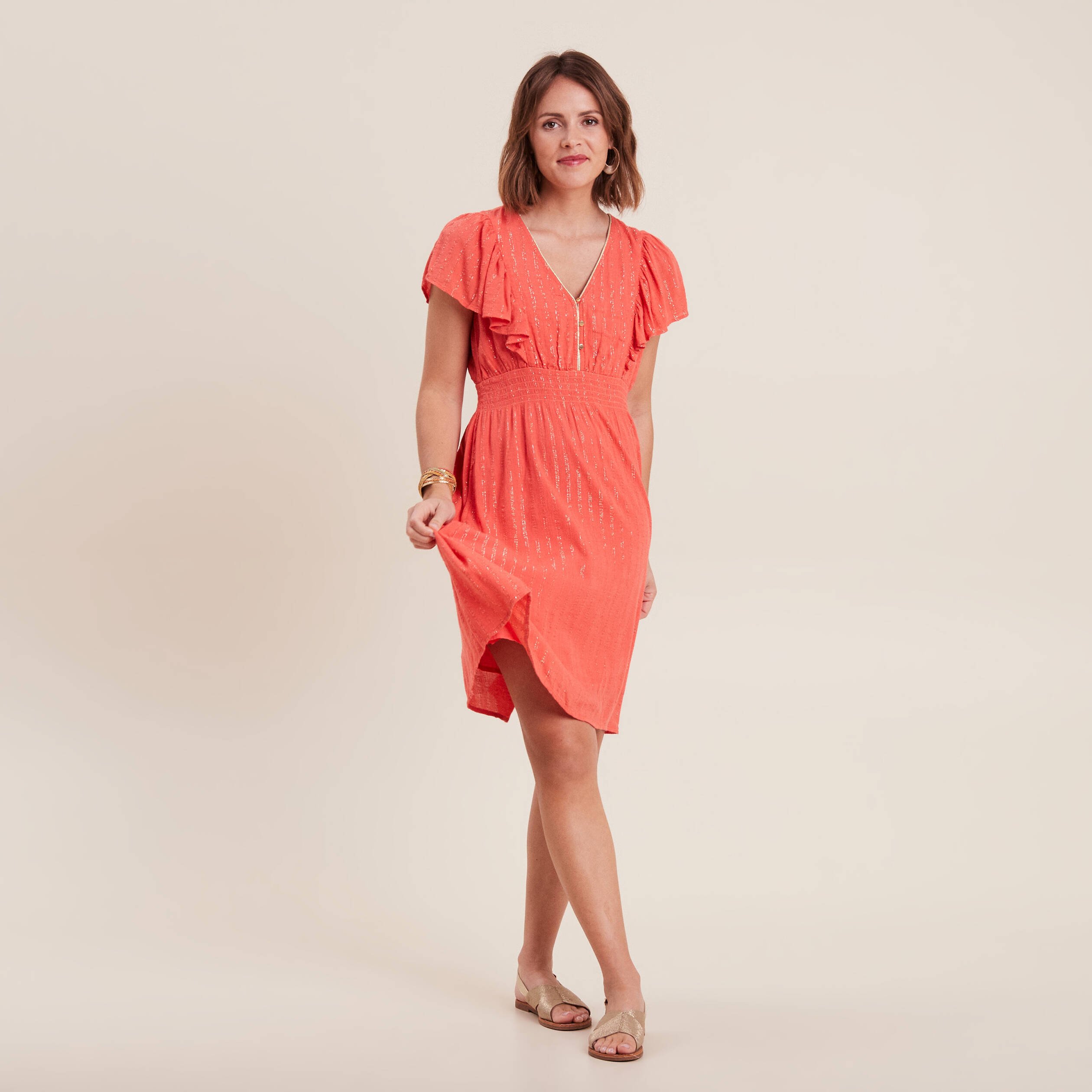 Robe droite fluide smockee orange clair femme Breal