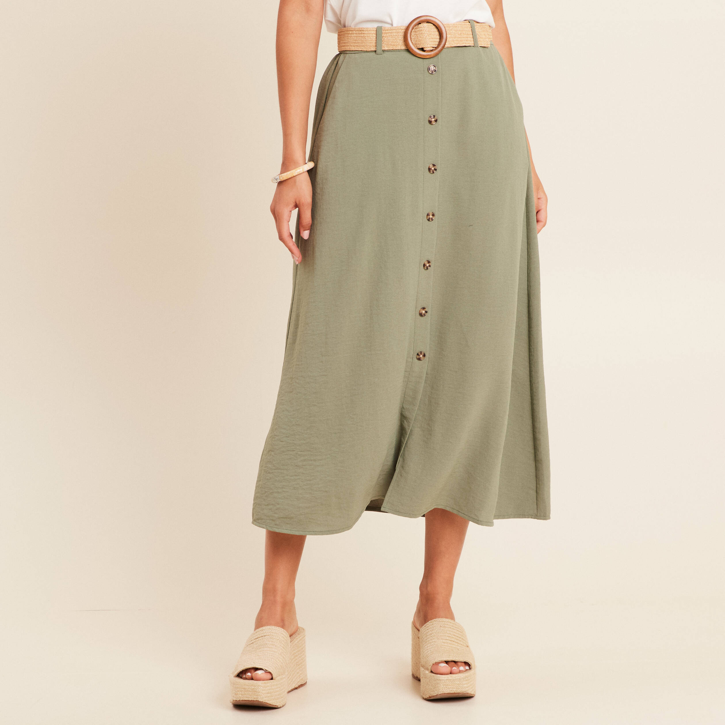 jupe longue evasee ceinture amovible vert kaki femme Jupe longue évasée ceinture amovible vert kaki femme