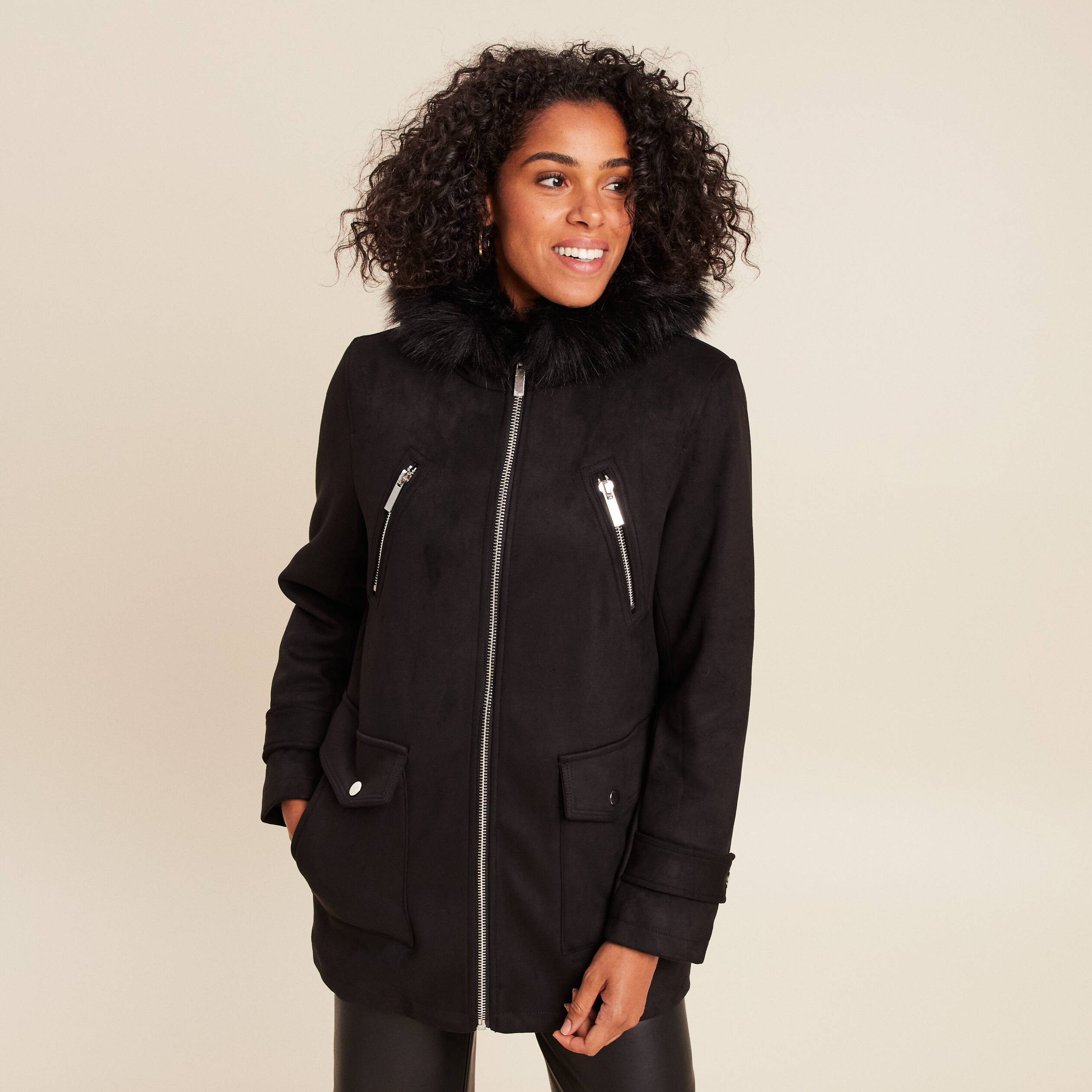 Manteau cintré mi-long à capuche noir femme Bréal