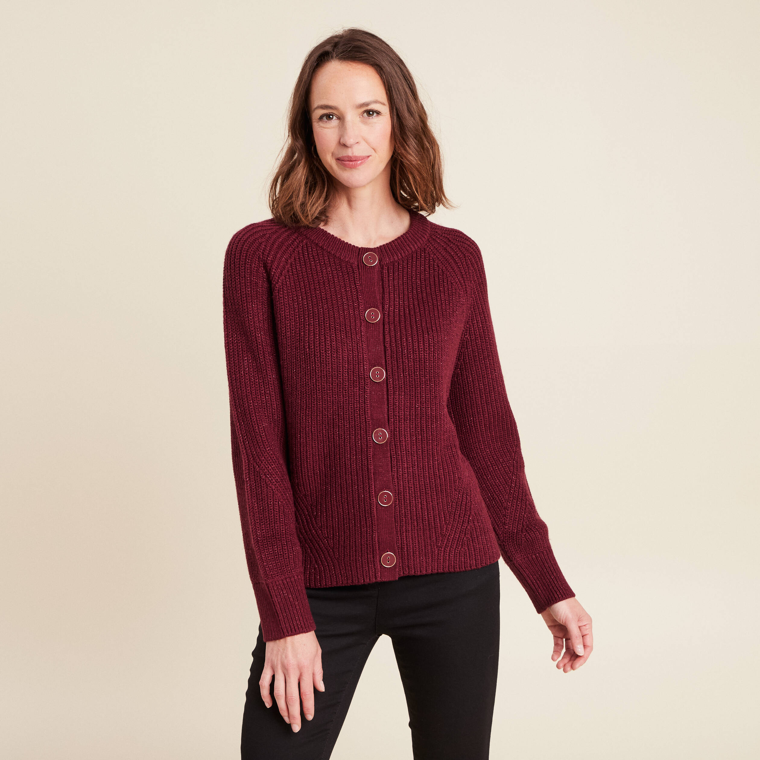 Gilet droit mi-long col rond bordeaux femme