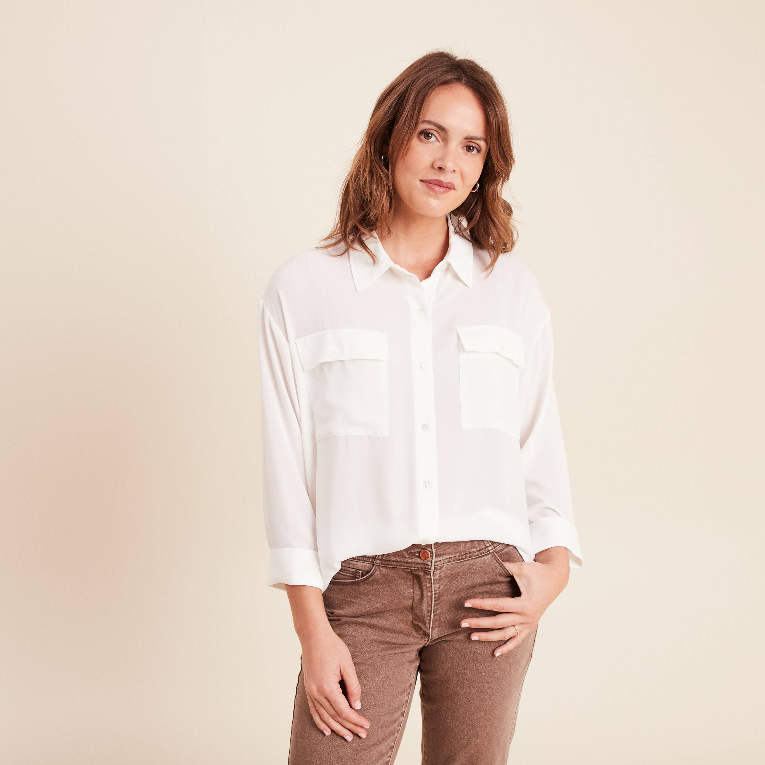 Chemise ample col chemise manches 3/4 ecru femme