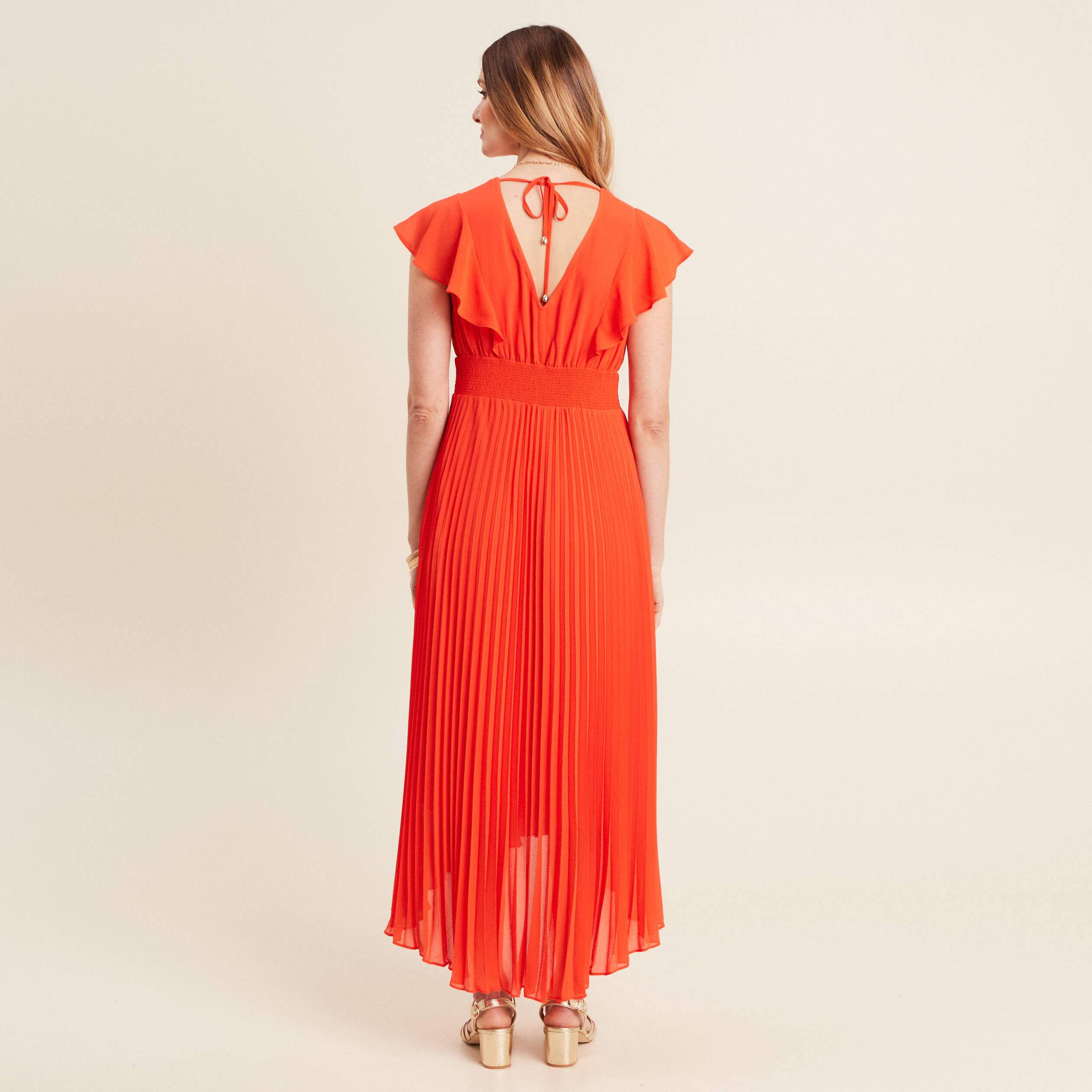 Robe longue évasée à volants orange foncé femme
