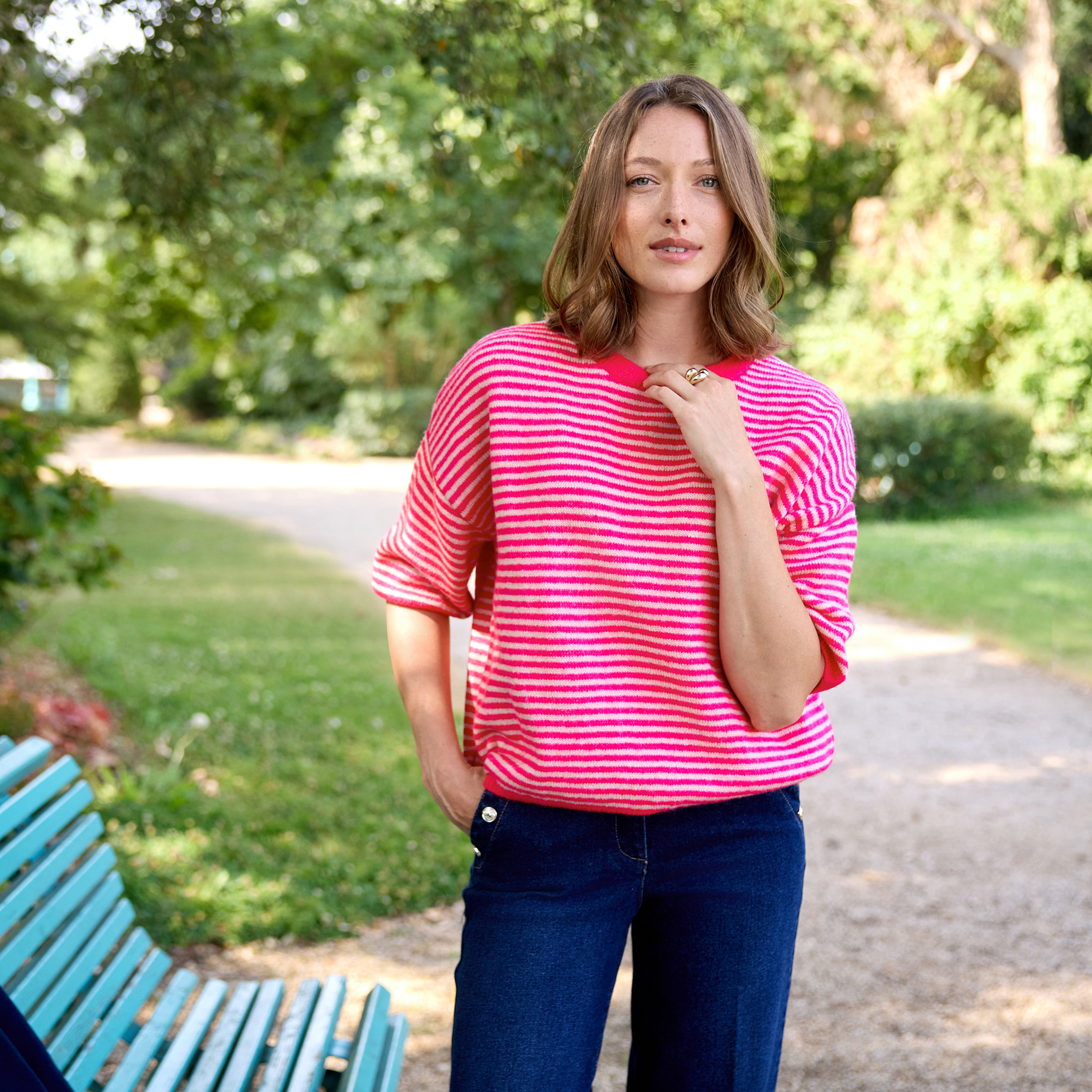 Pull droit col rond manches 3/4 rose femme