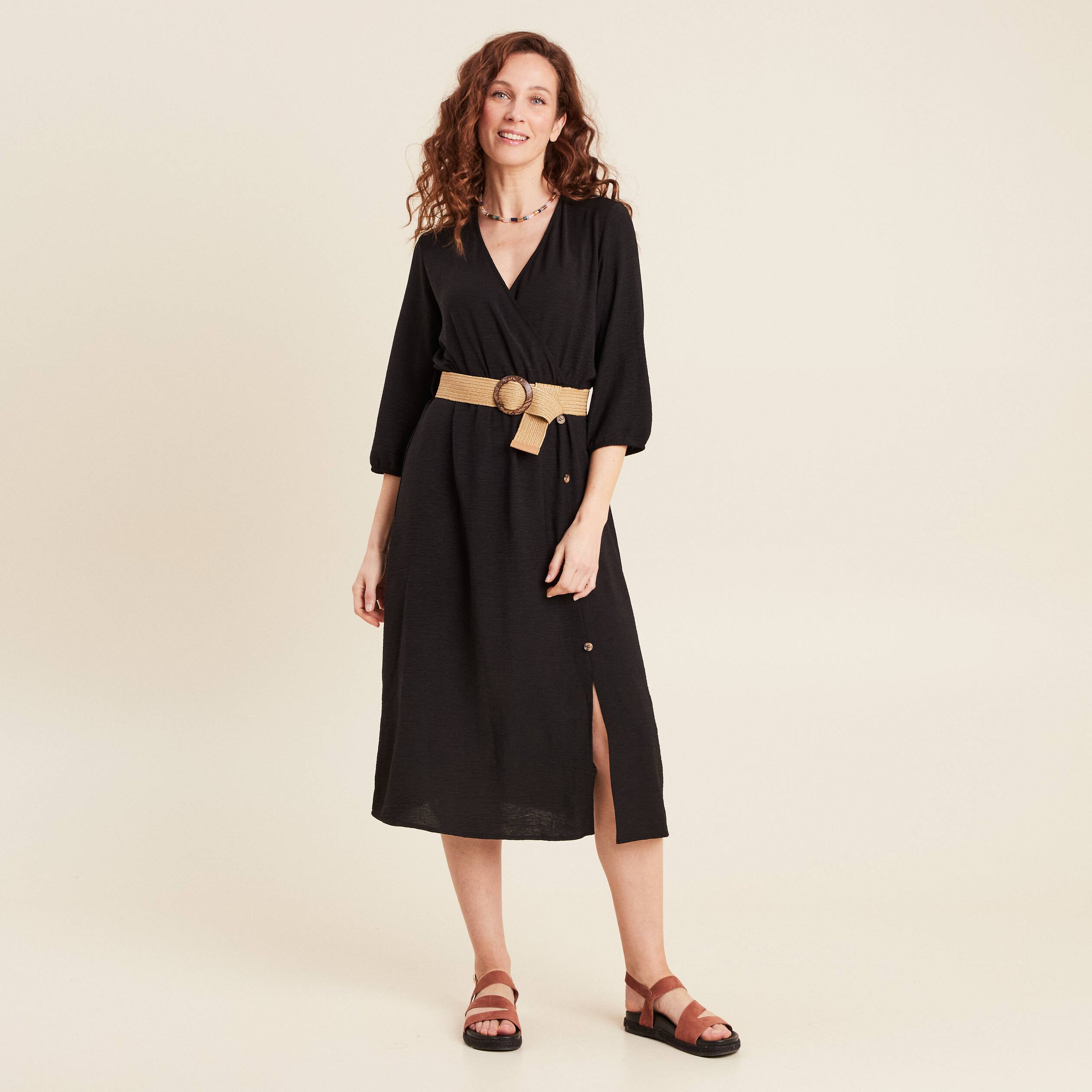 Robe droite ceinturée noir femme