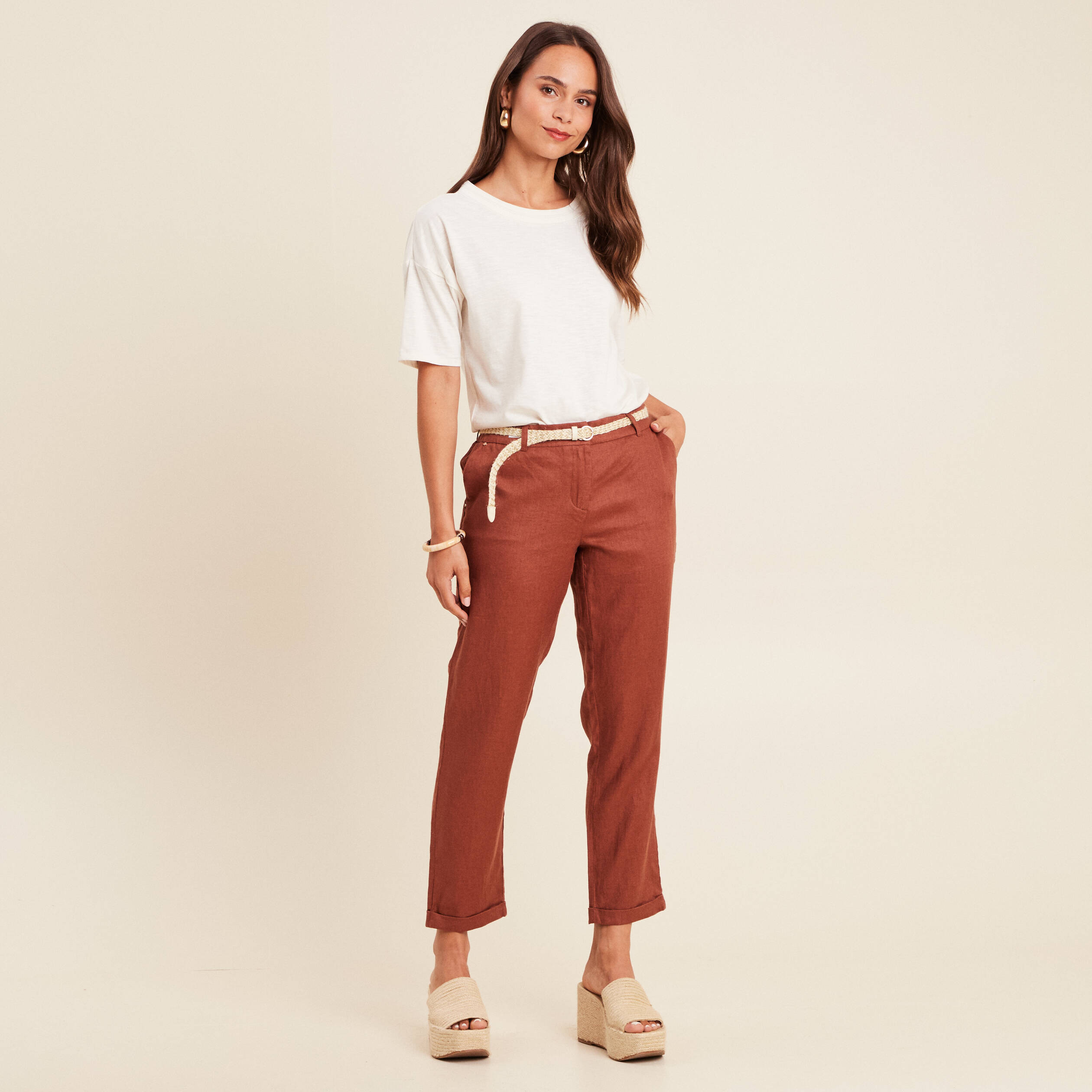 pantalon flou ceinture marron fonce femme Pantalon flou ceinturé marron foncé femme