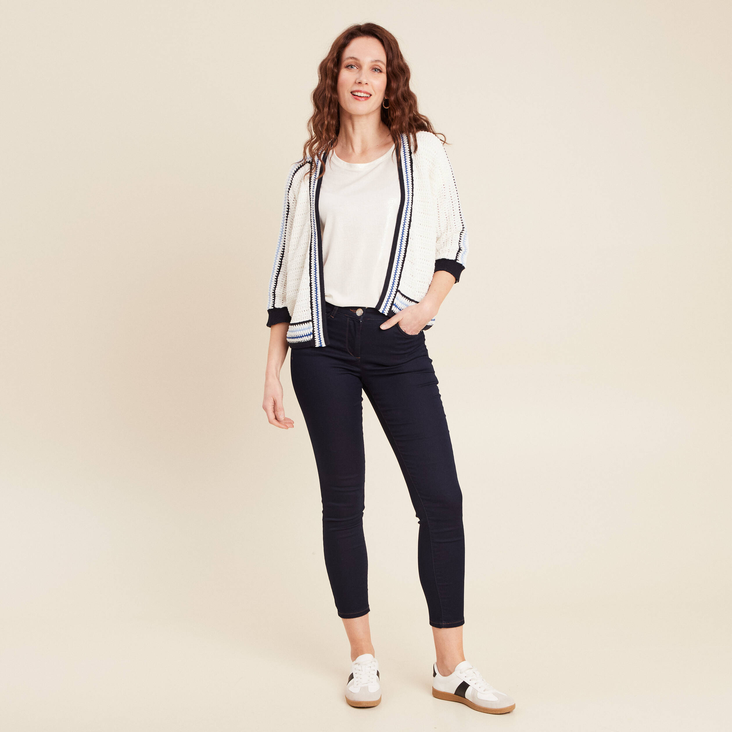 Gilet manches 3/4 ajouré ecru femme