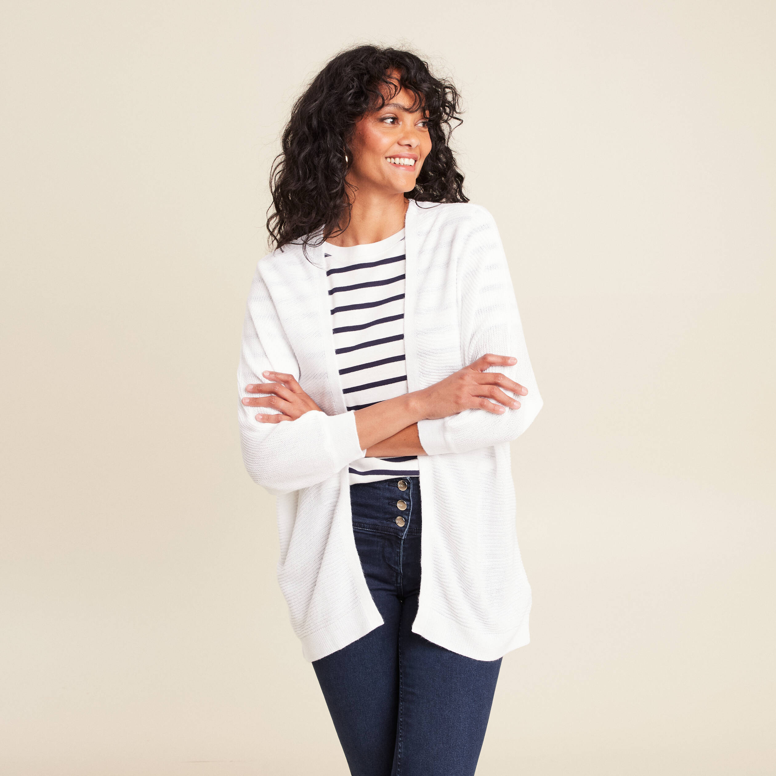 gilet droit mi long a pans manches 34 ecru femme Gilet droit mi-long à pans manches 3/4 ecru femme