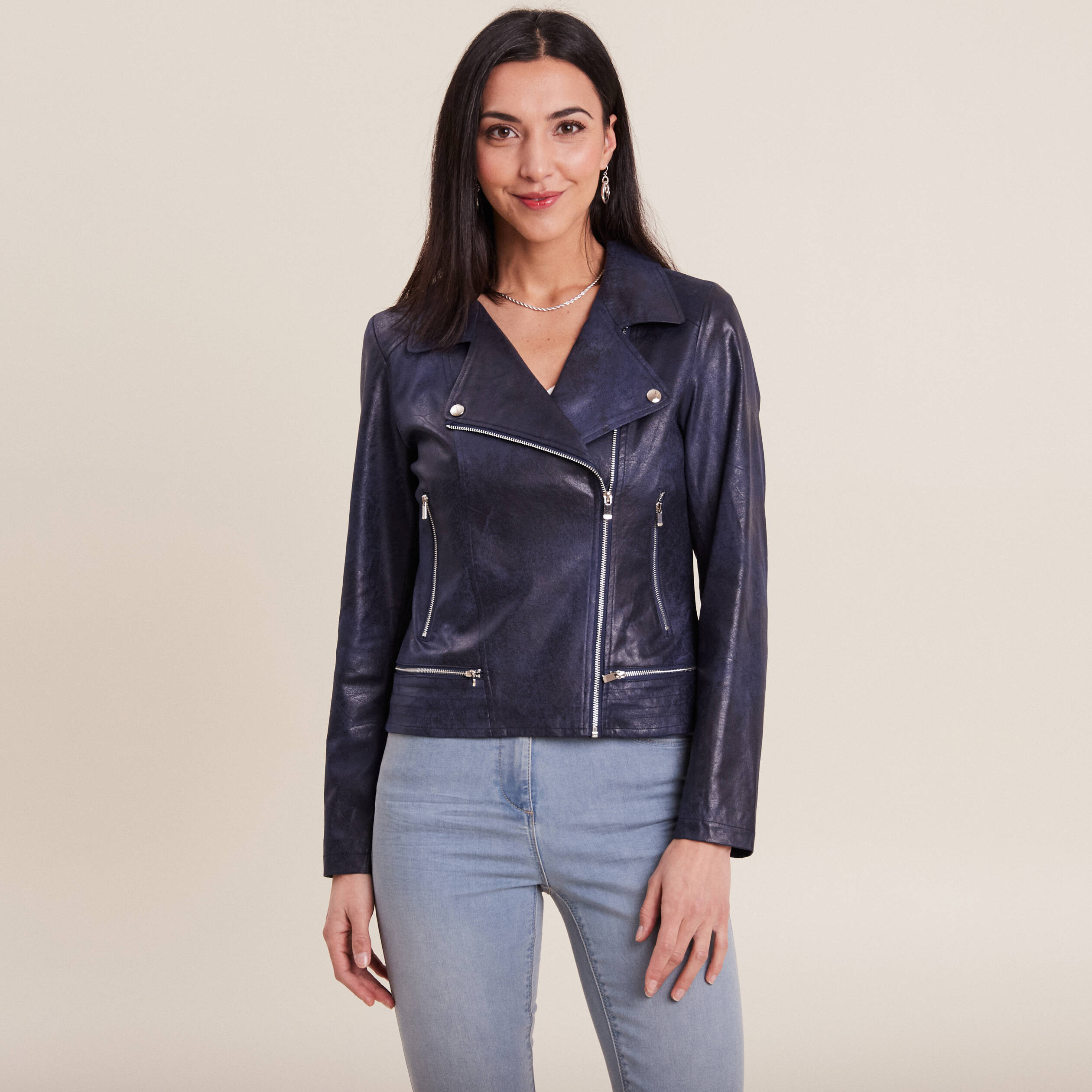veste esprit motard zippee bleu fonce femme Veste esprit motard zippée bleu foncé femme