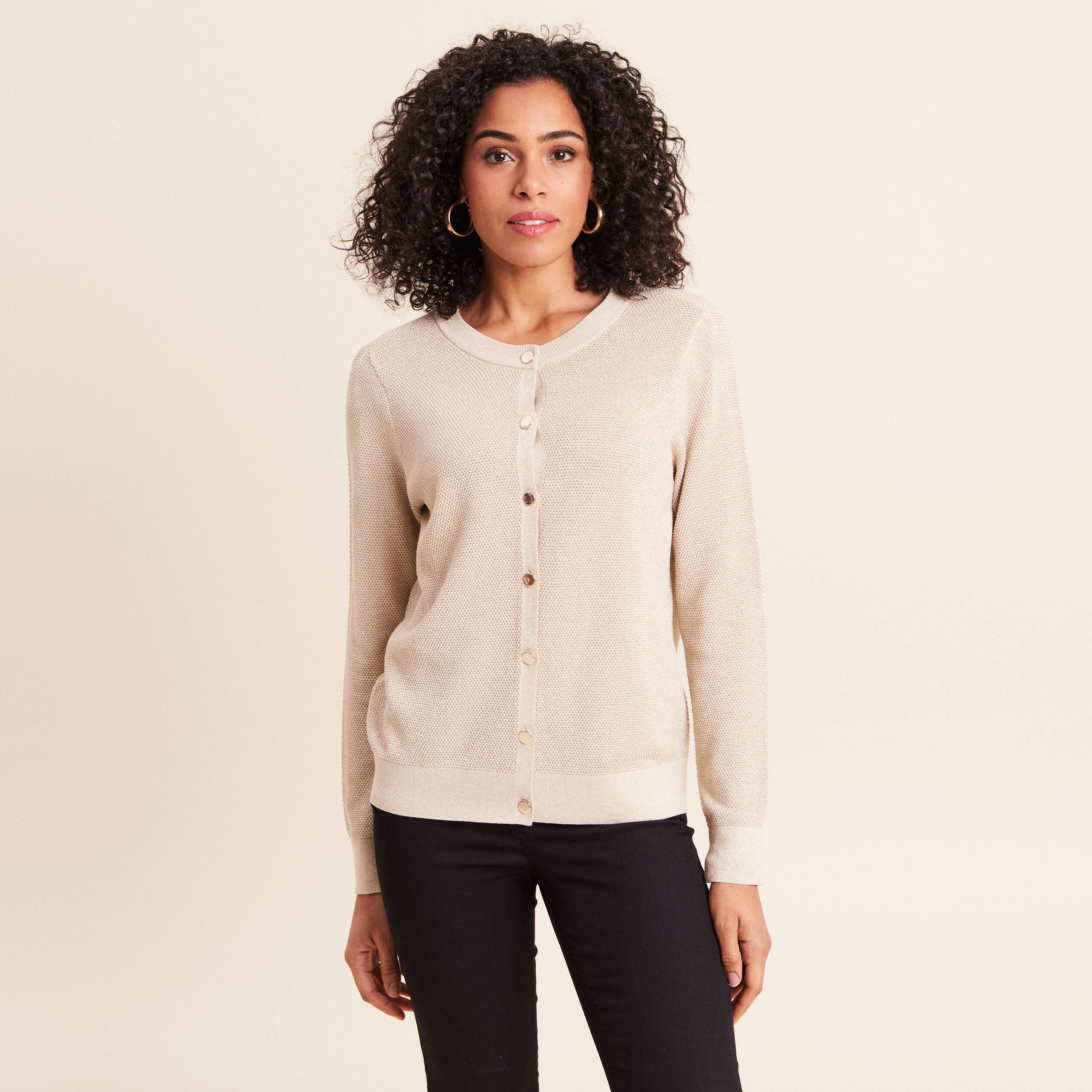 Gilet manches longues col rond brillant couleur or femme