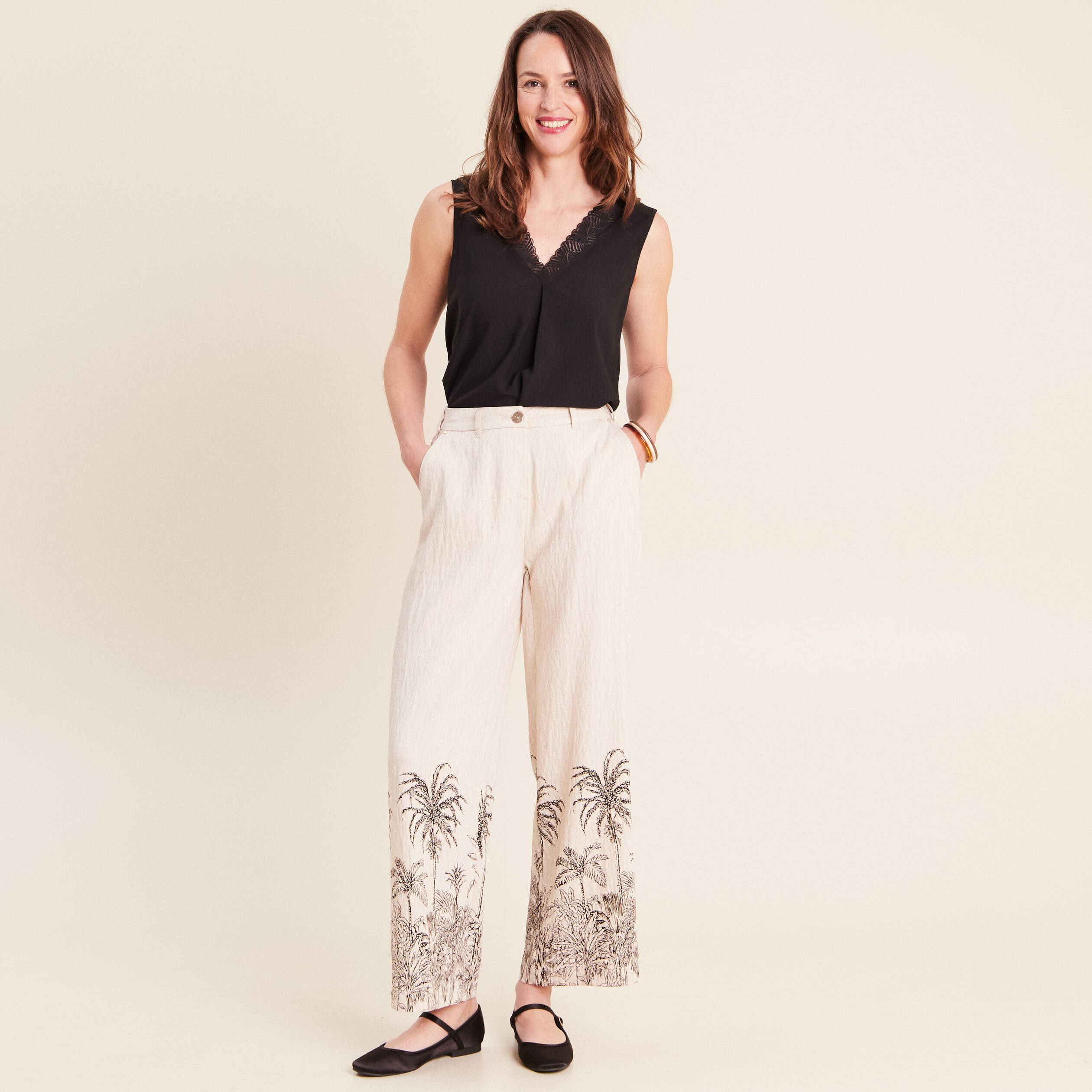 Pantalon large taille haute beige femme