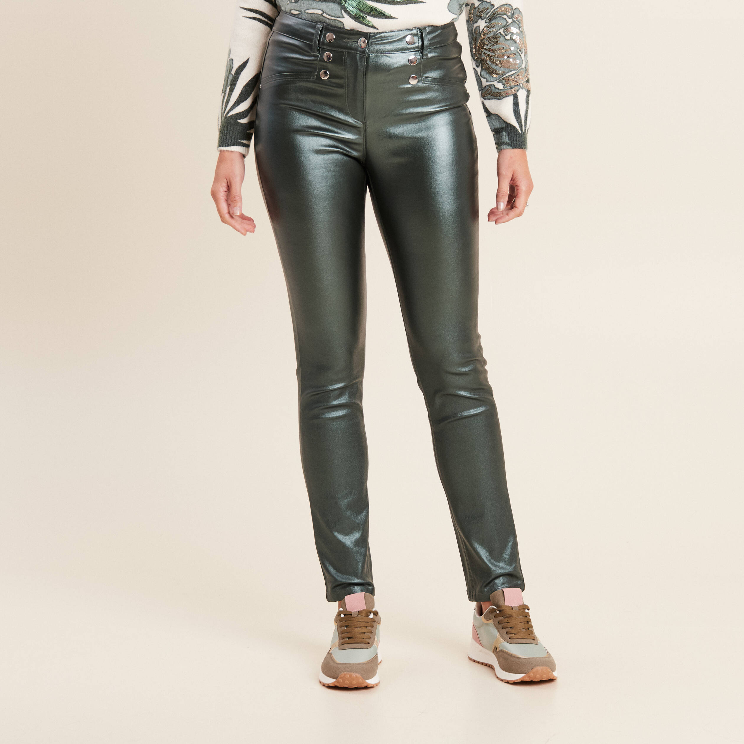 Pantalon ajusté enduit à pont vert foncé femme