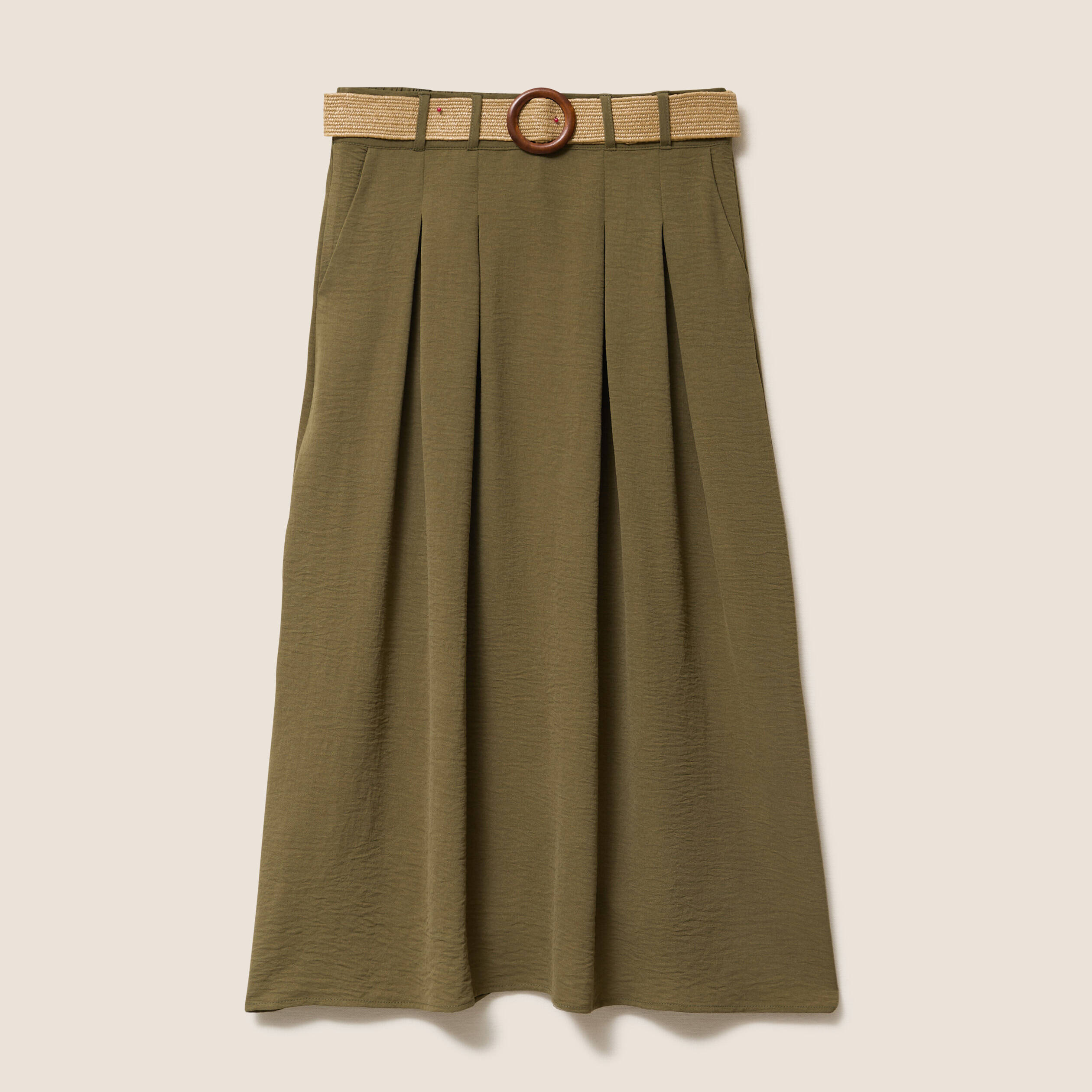 Jupe longue &eacute;vas&eacute;e ceintur&eacute;e vert kaki femme
