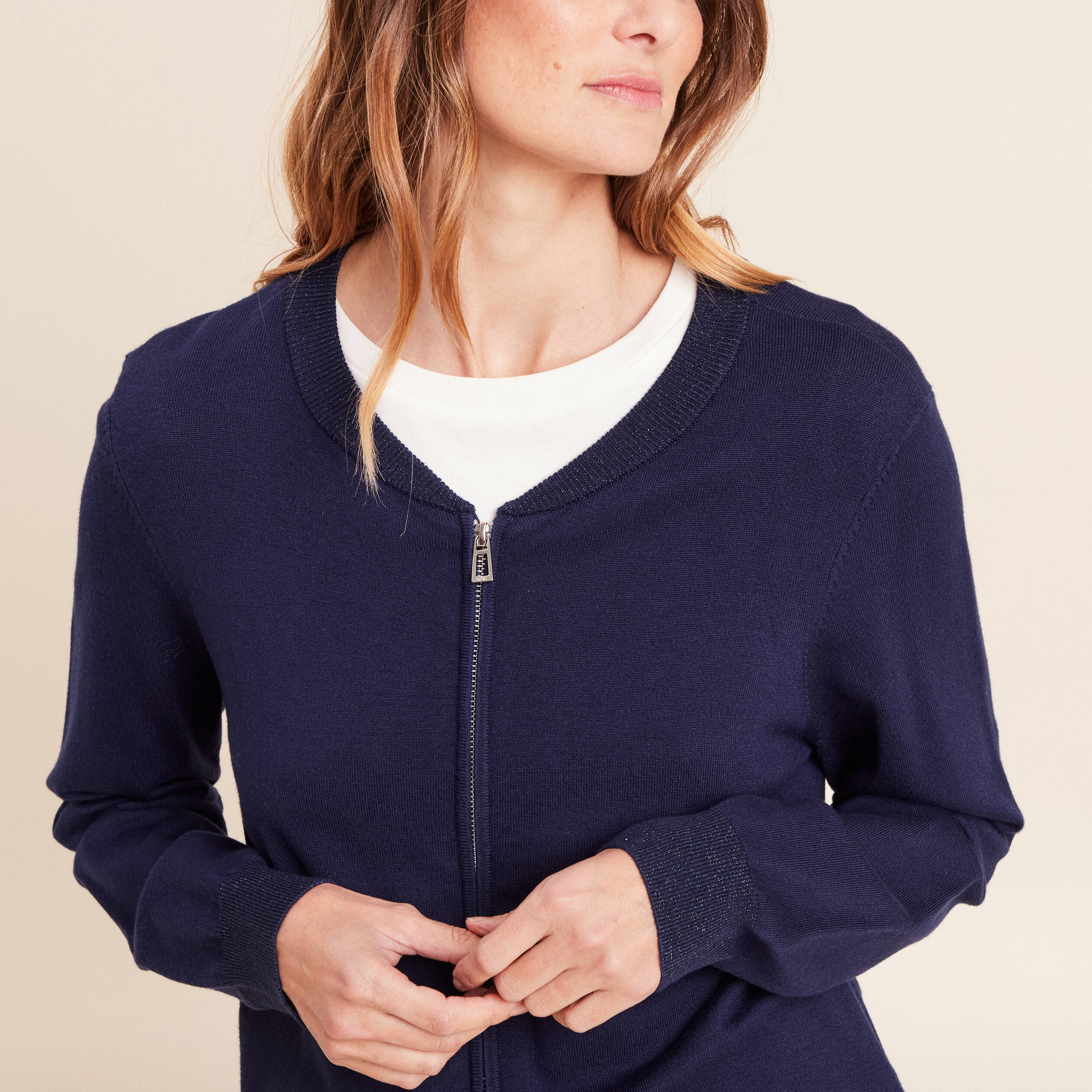 Gilet droit mi-long manches longues bleu marine femme