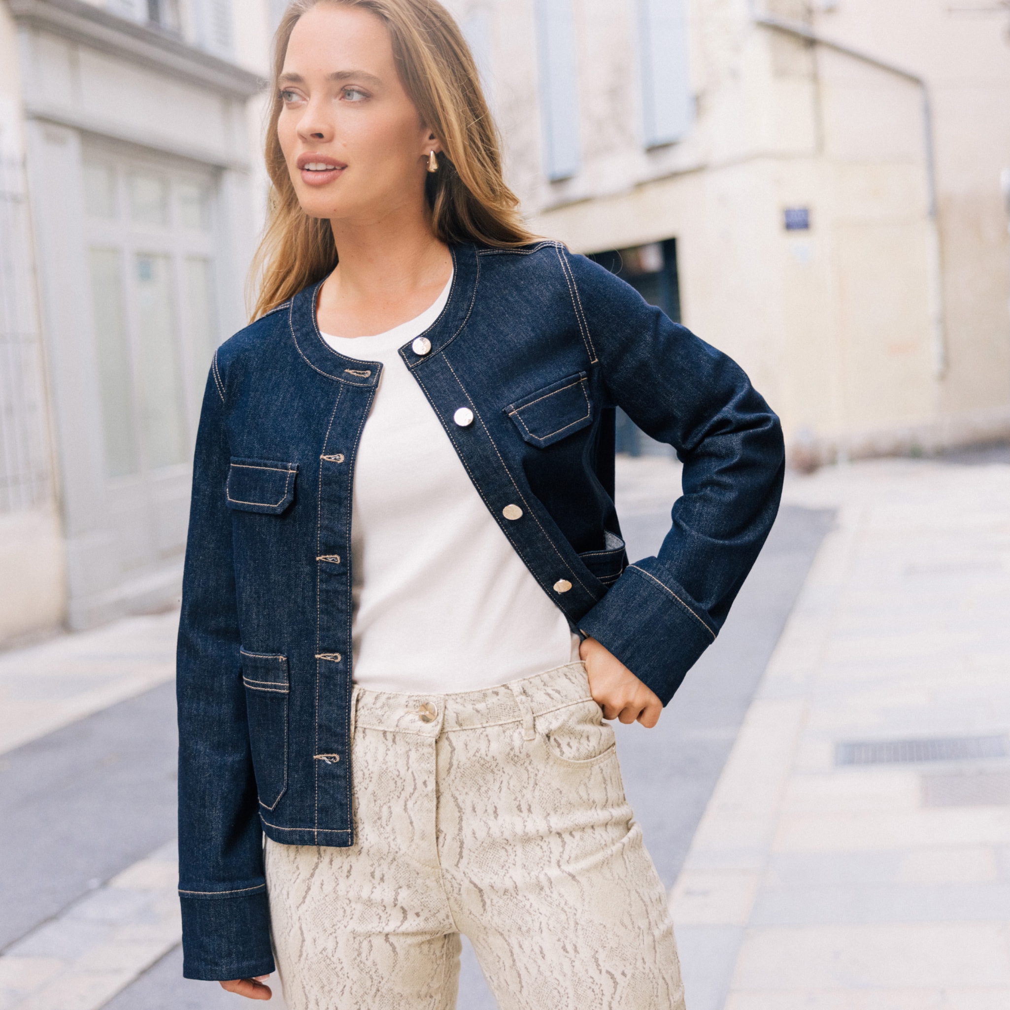 veste sans col denim brut femme Veste sans col denim brut femme