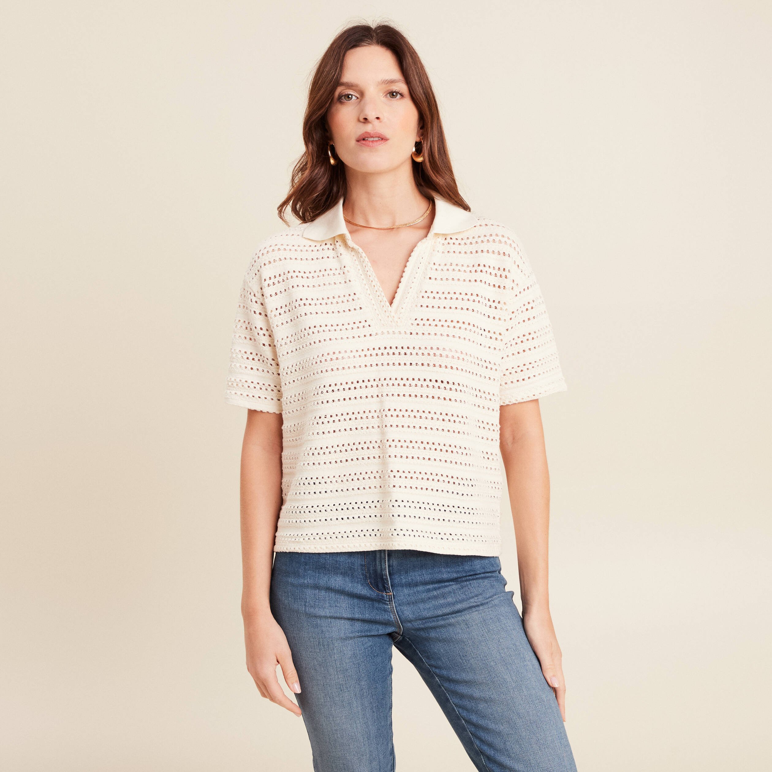 t shirt ample macrame manches courtes ecru femme T-shirt ample macramé manches courtes ecru femme