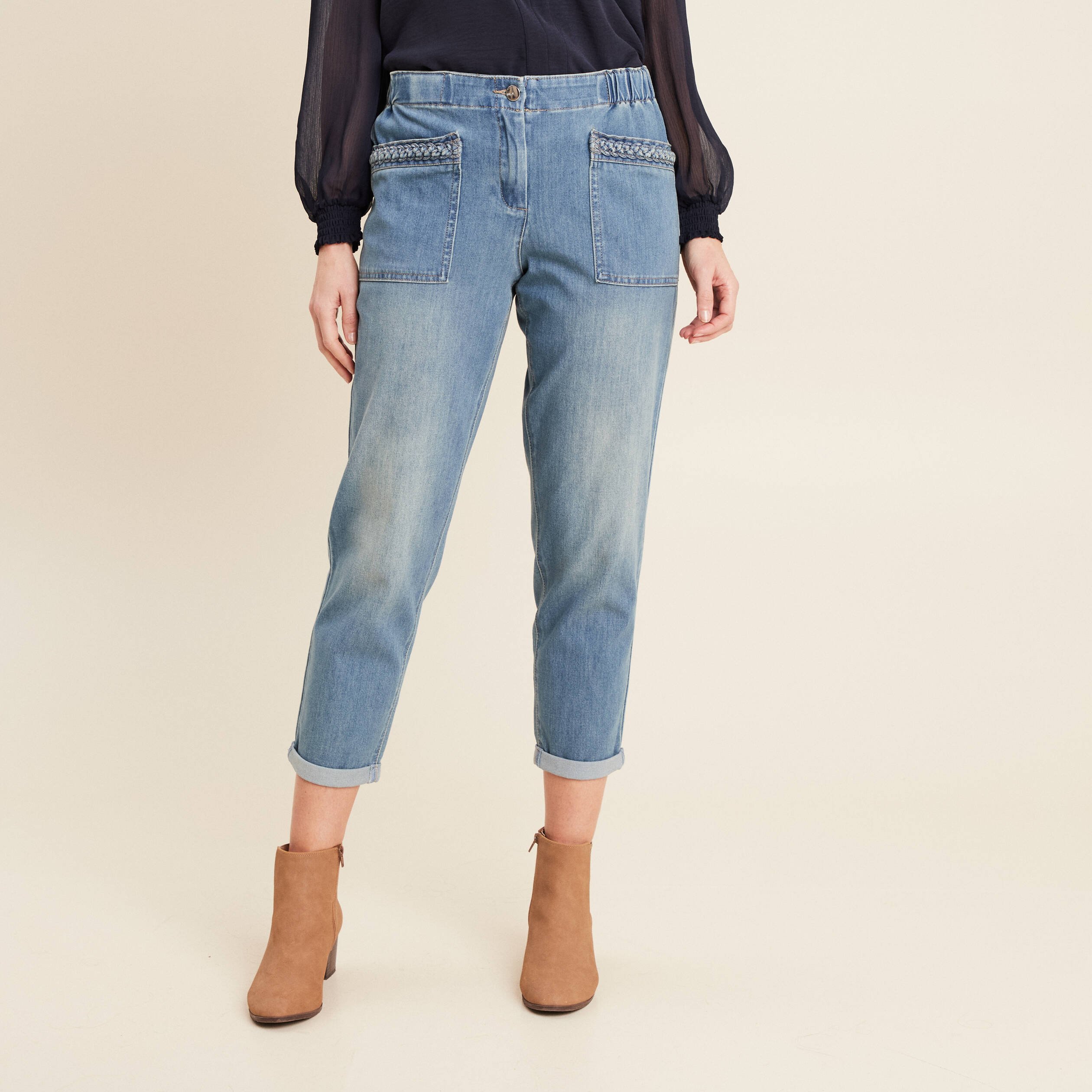 Jean paperbag détails tressés denim double stone femme