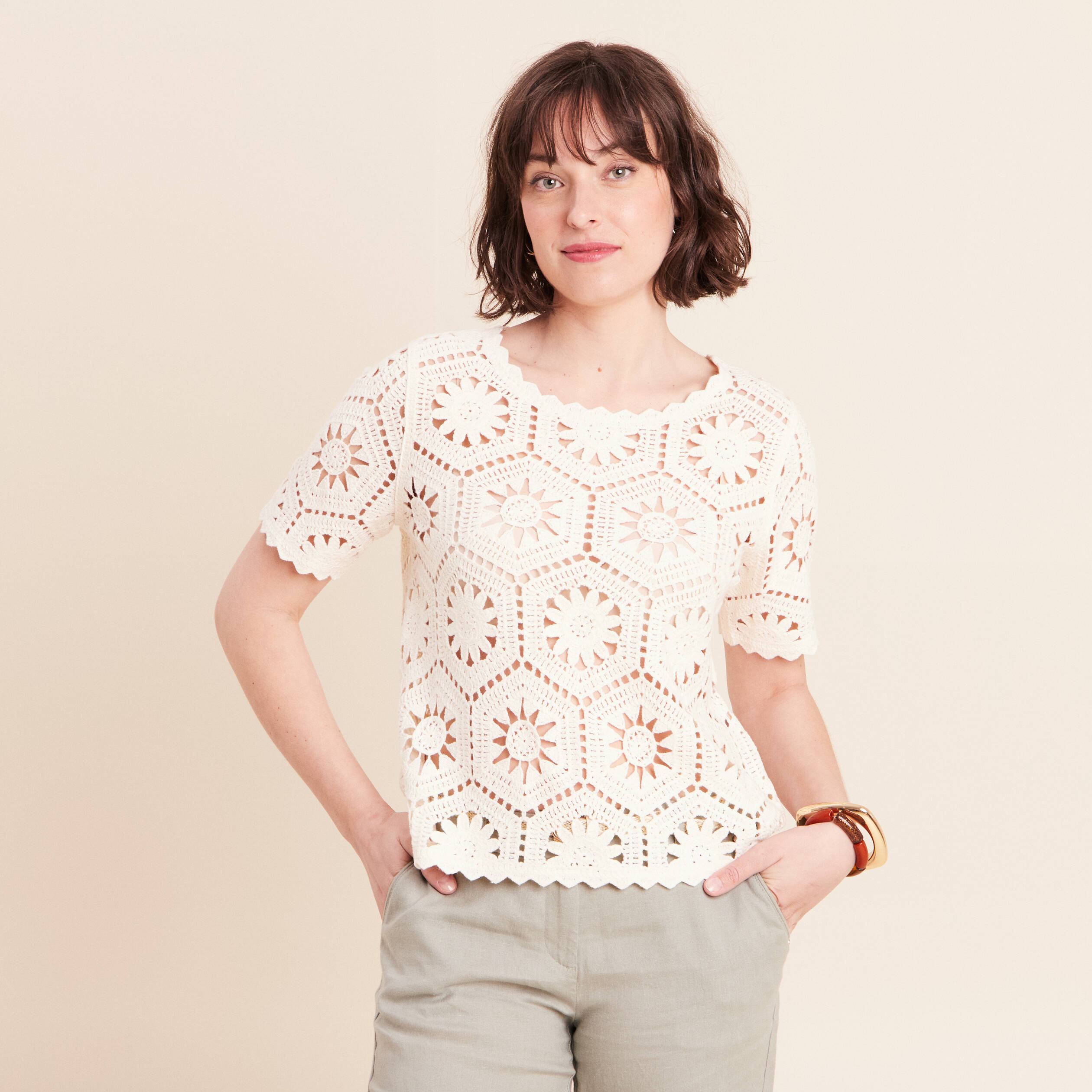 Pull col rond manches courtes dentelle ecru femme