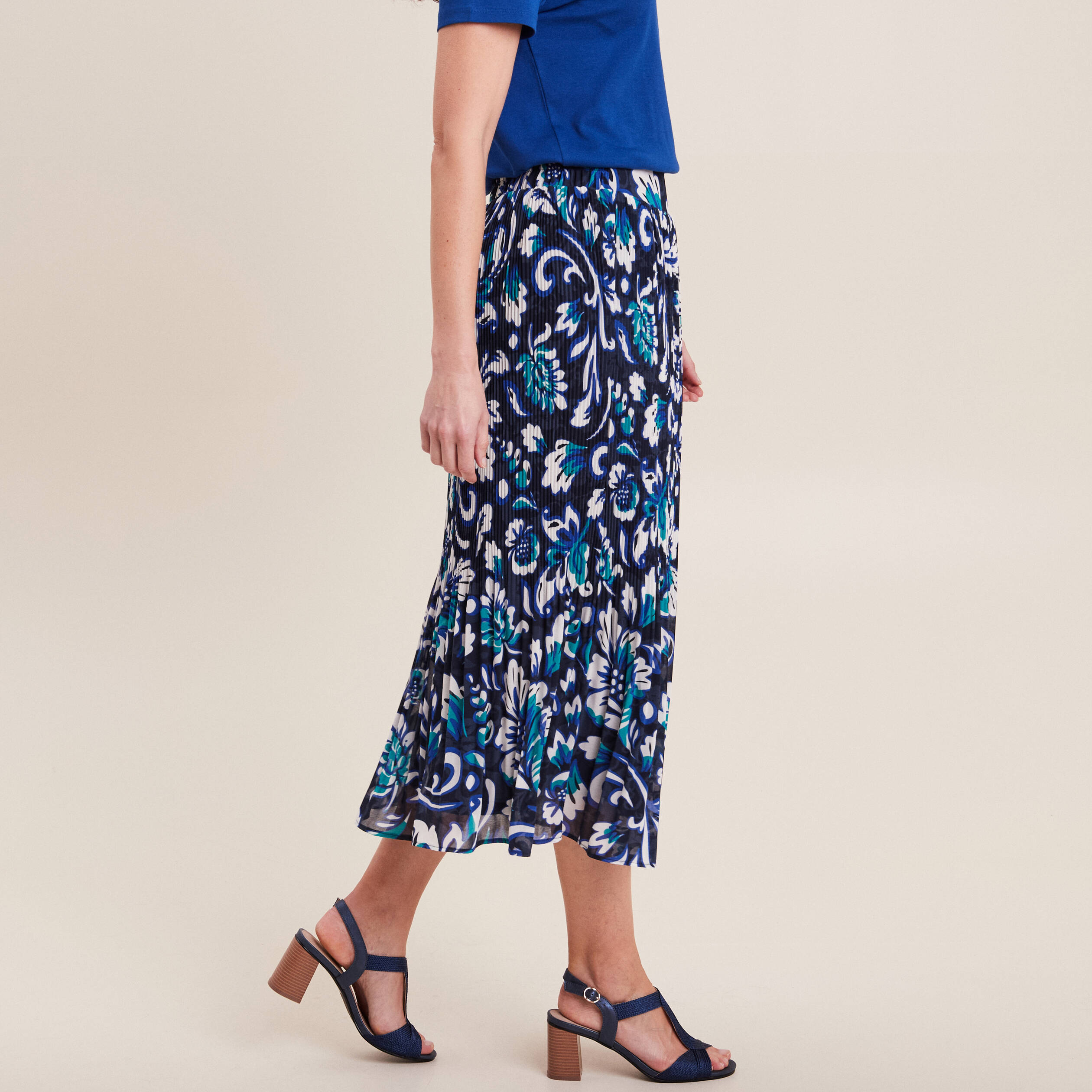 Jupe longue plissée imprimée bleu femme