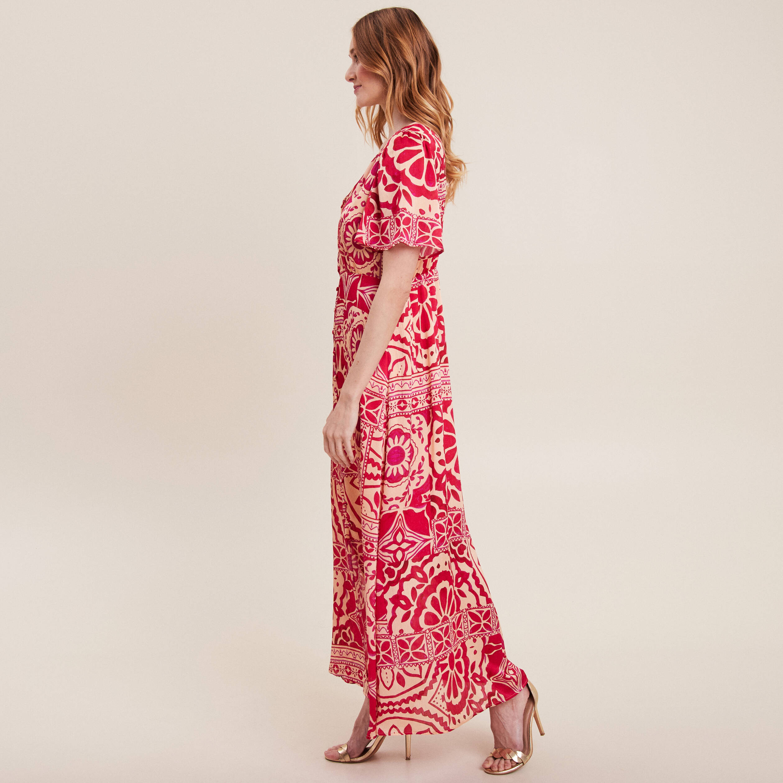 Robe longue évasée satin rose fushia femme
