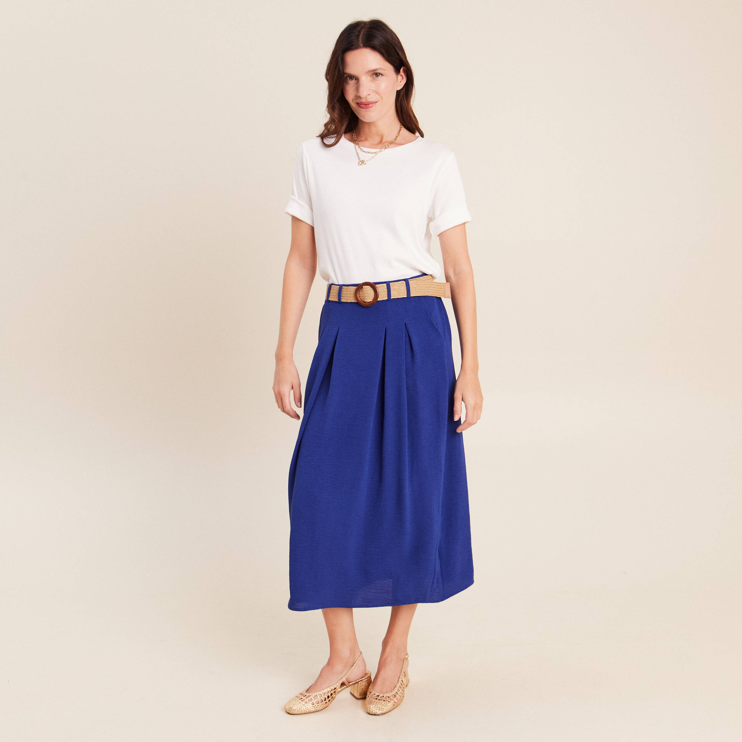 Jupe longue &eacute;vas&eacute;e ceintur&eacute;e bleu fonc&eacute; femme