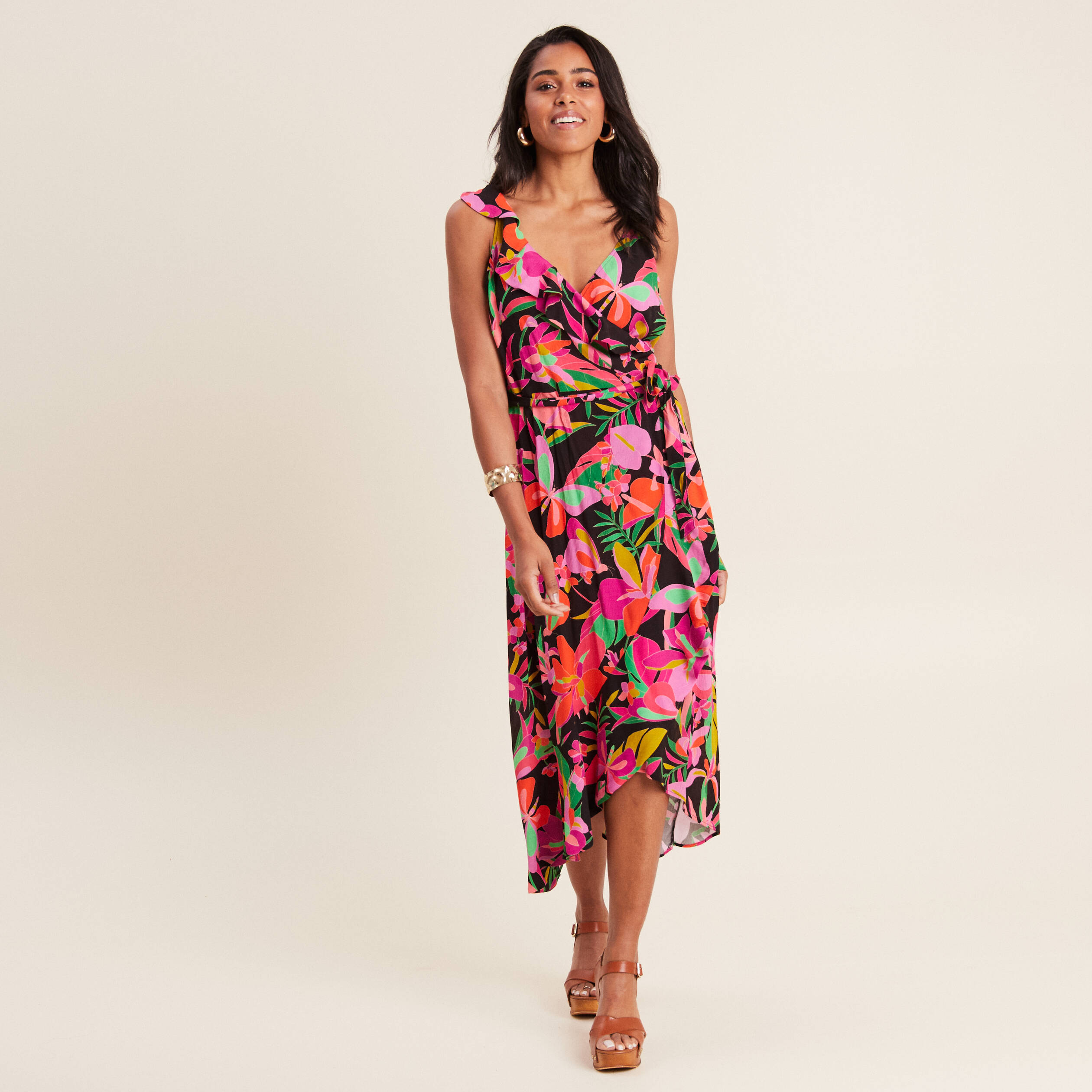 Robe longue portefeuille rose fushia femme