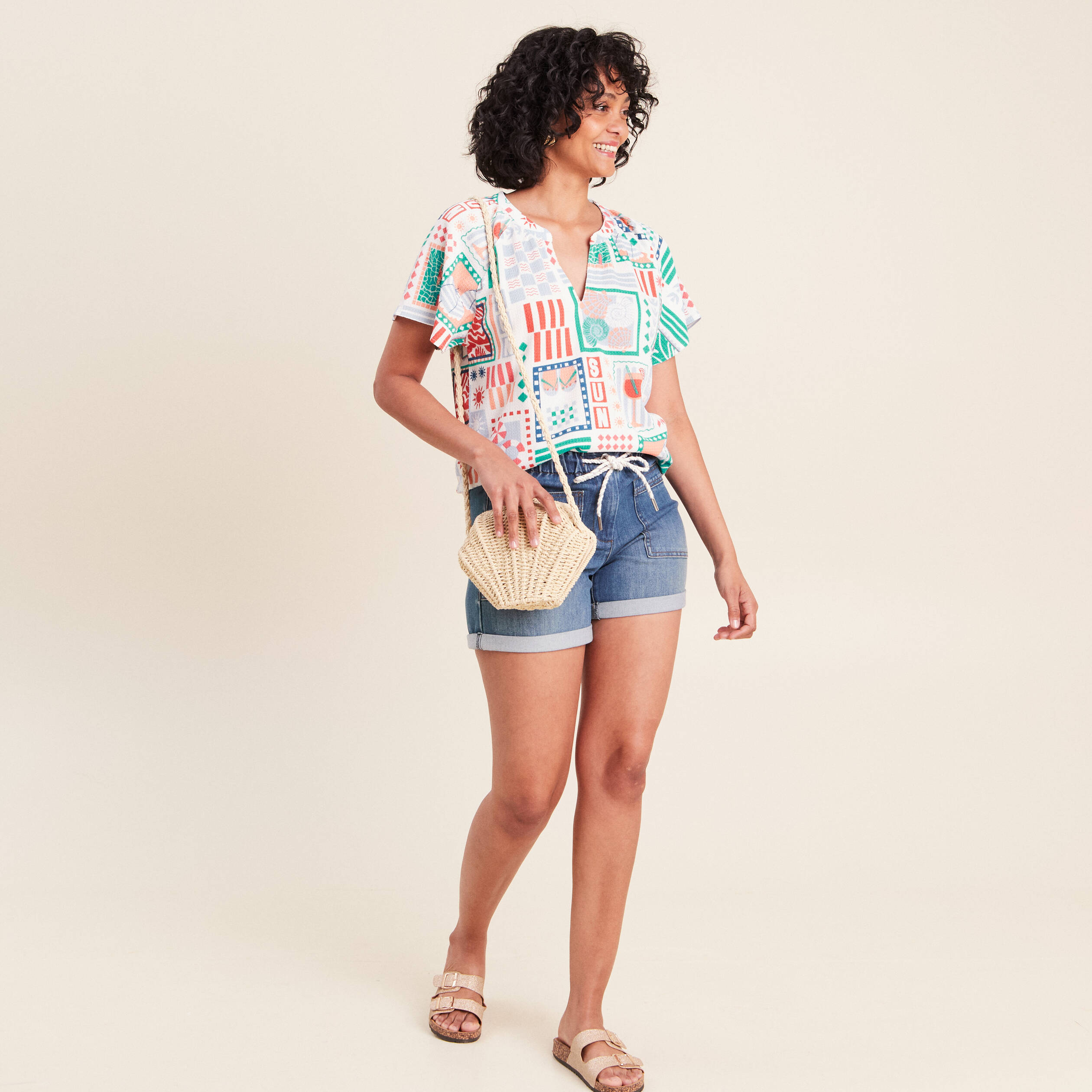 Blouse col tunisien manches courtes bleu femme