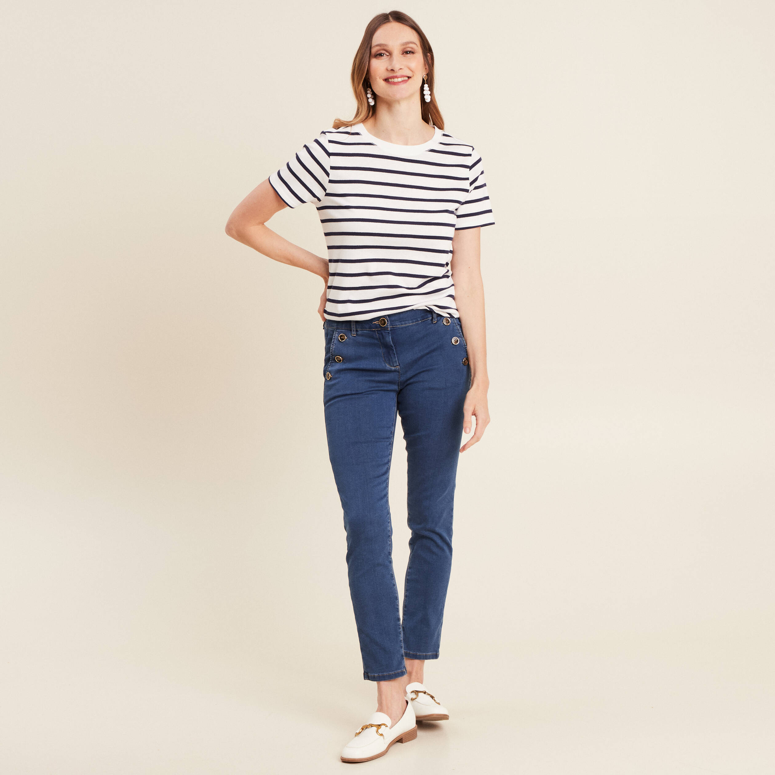 Jean ajusté 7/8ème à pont denim double stone femme