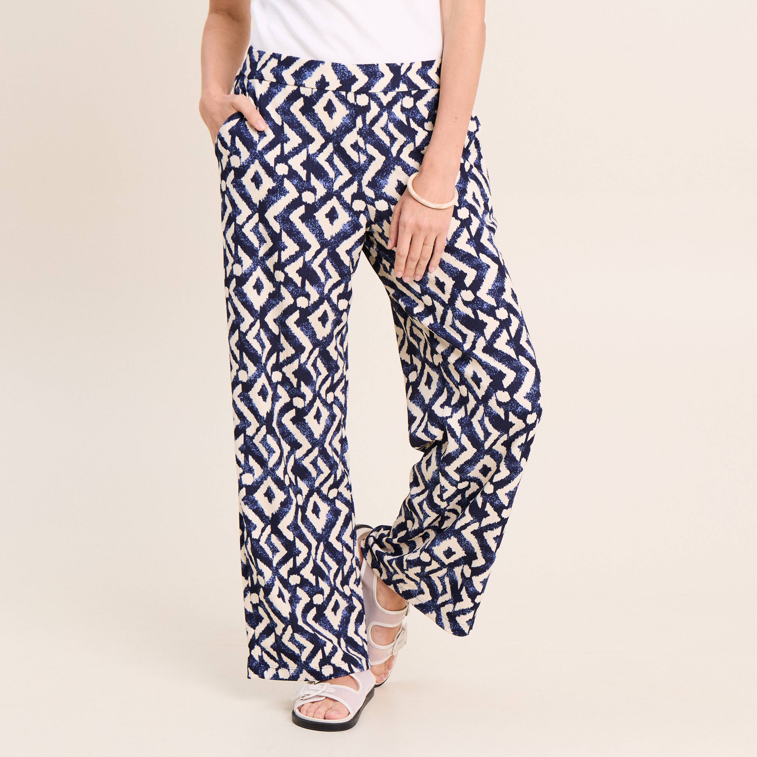Pantalon large taille haute bleu femme