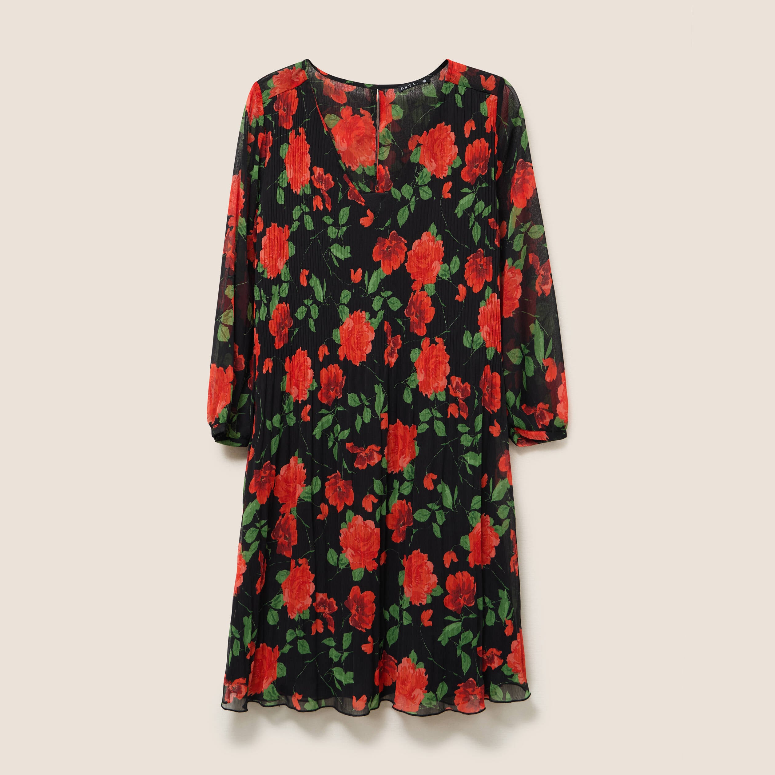 Robe courte &eacute;vas&eacute;e pliss&eacute;e manches 3/4 rouge femme