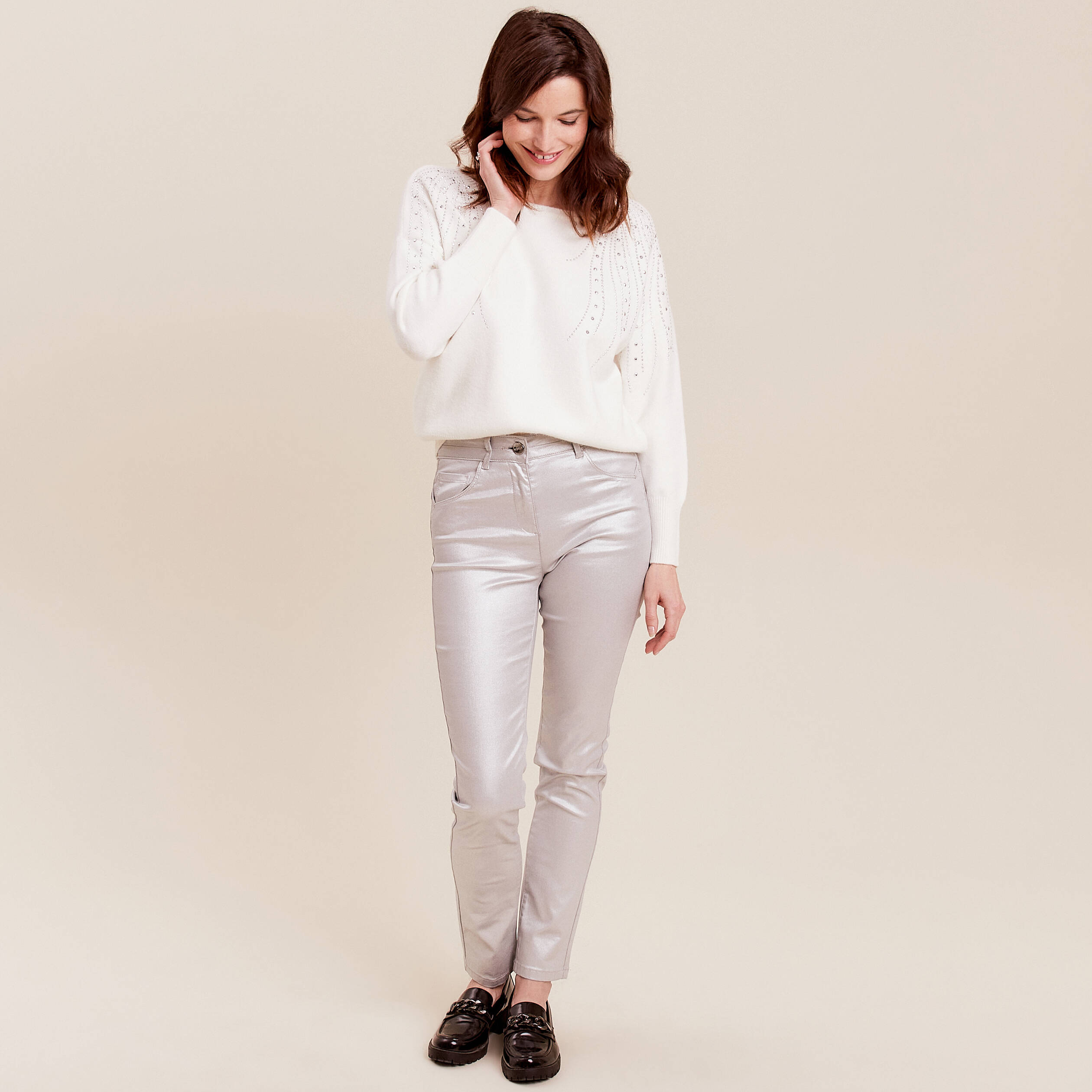 Pull manches longues strass ecru femme