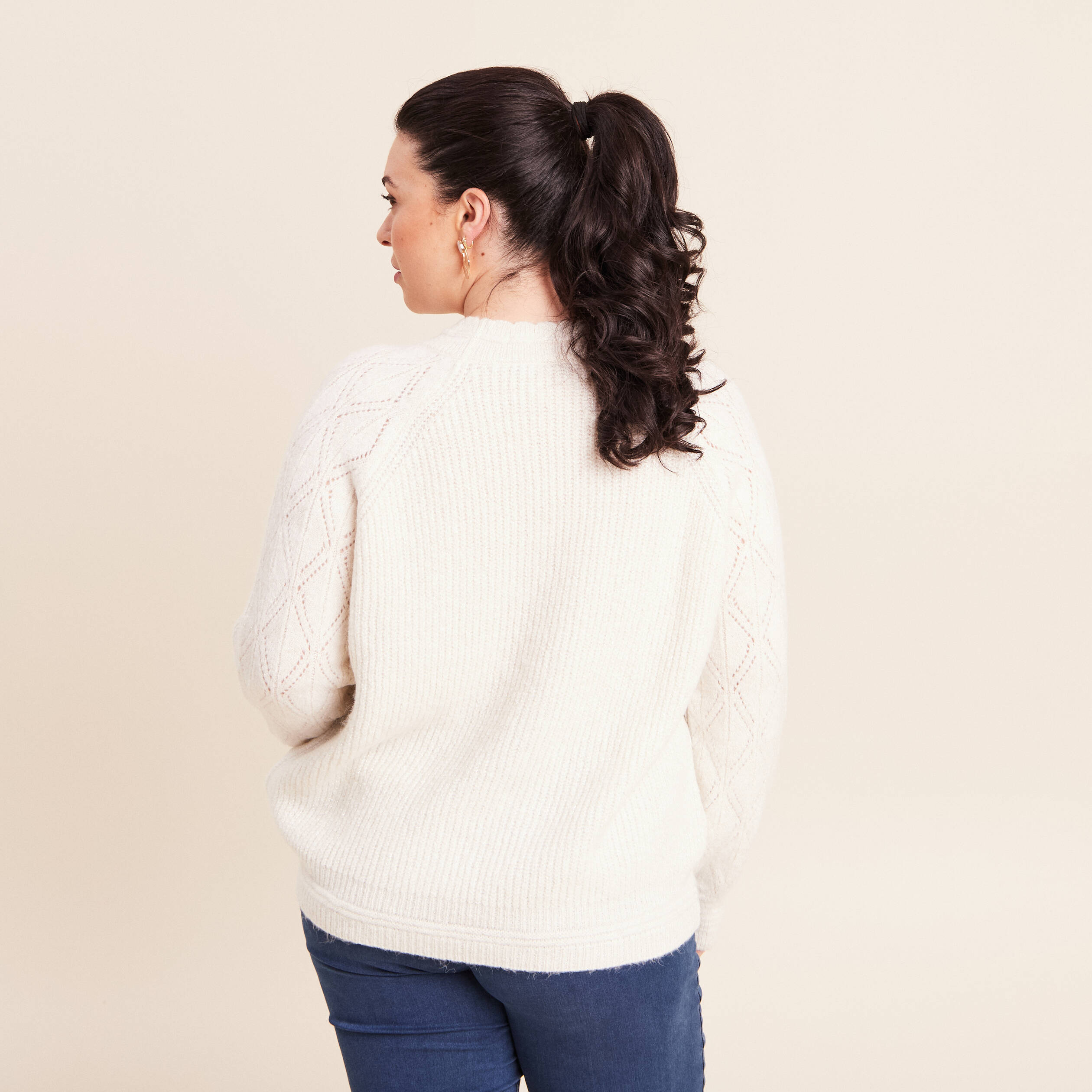 Pull col montant manches longues ecru femme