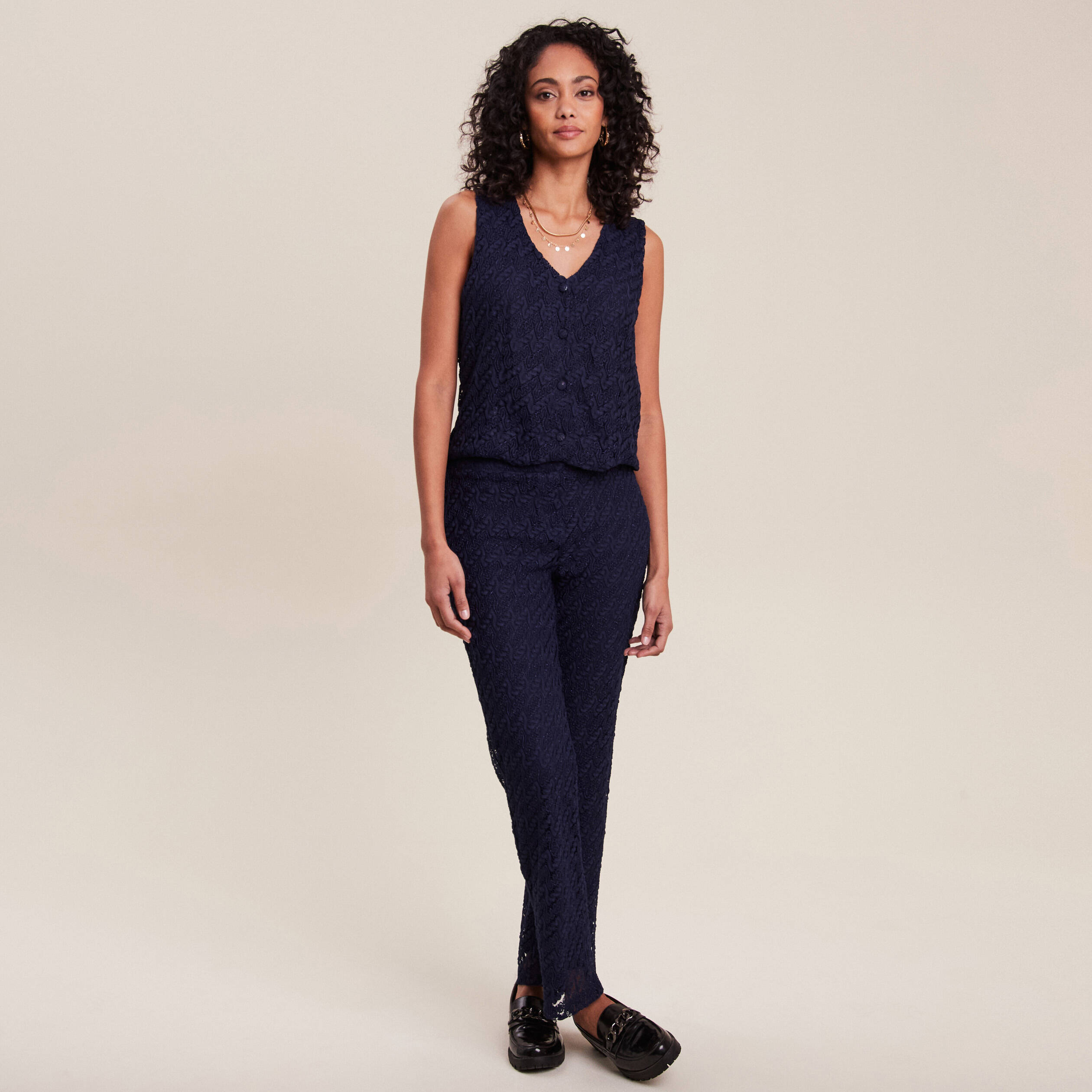 Pantalon flou dentelle 7/8ème bleu foncé femme