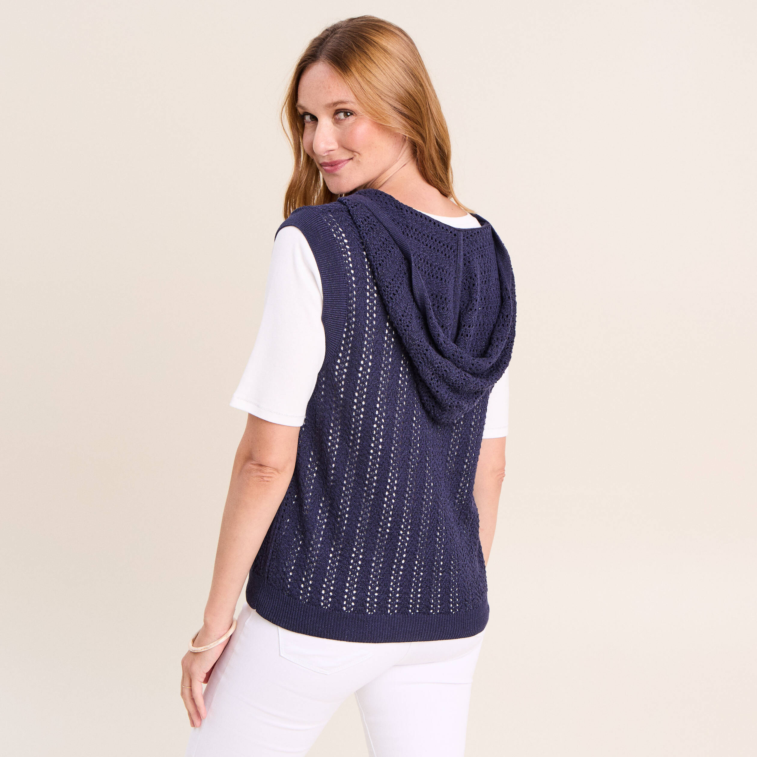 Pull droit sans manches &agrave; capuche bleu marine femme