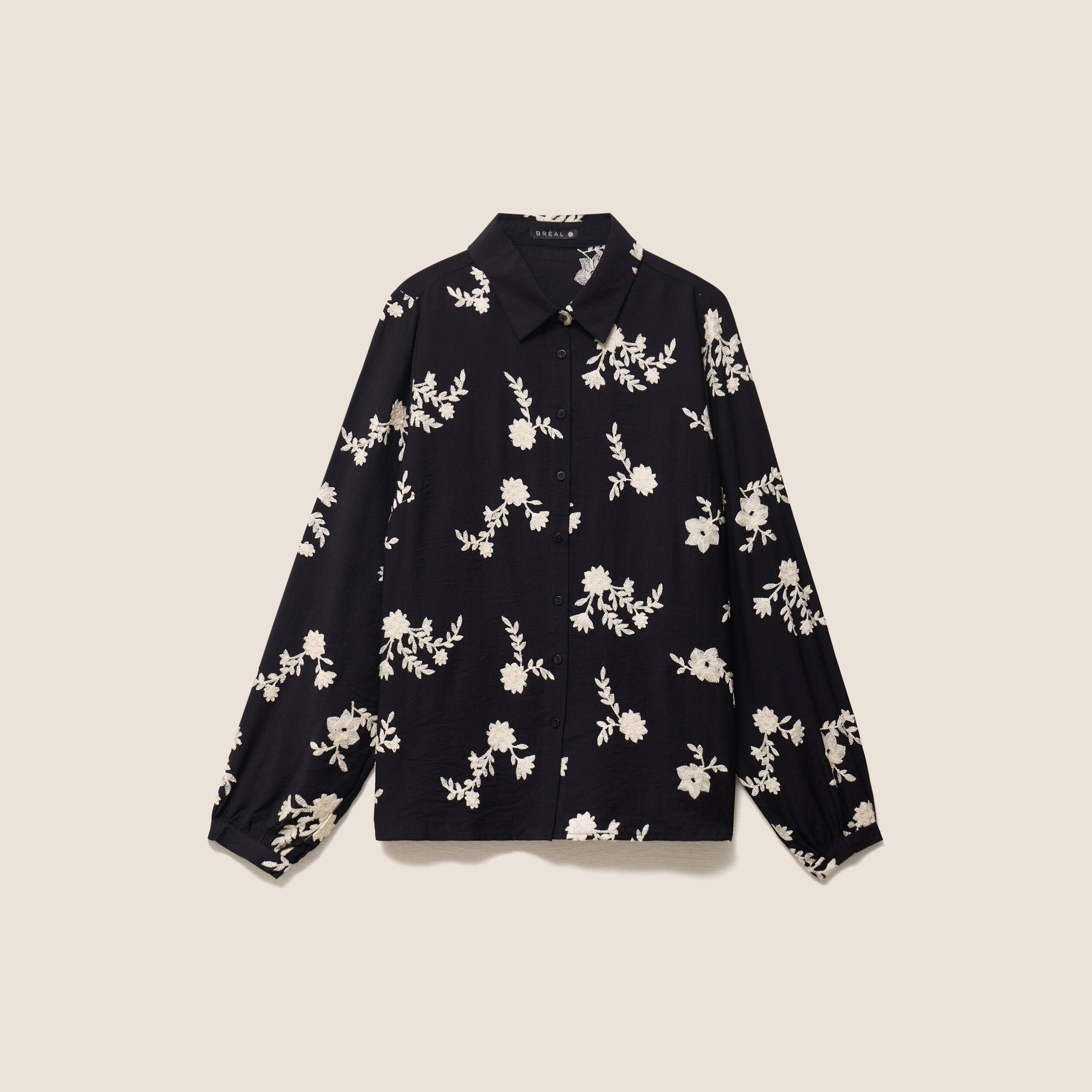 Chemise fluide brod&eacute;e manches longues noir femme