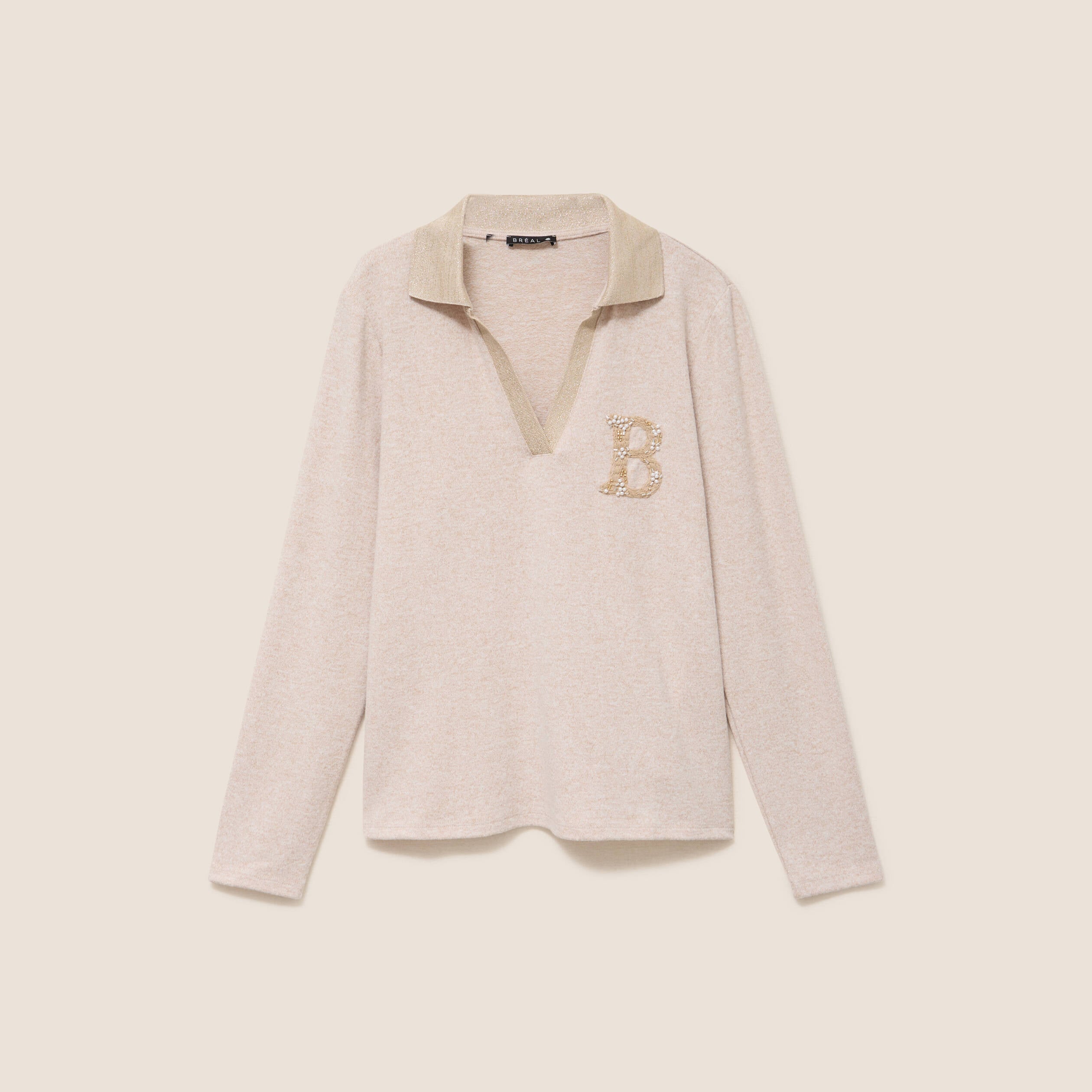 Polo manches longues col chemise brod&eacute; creme femme