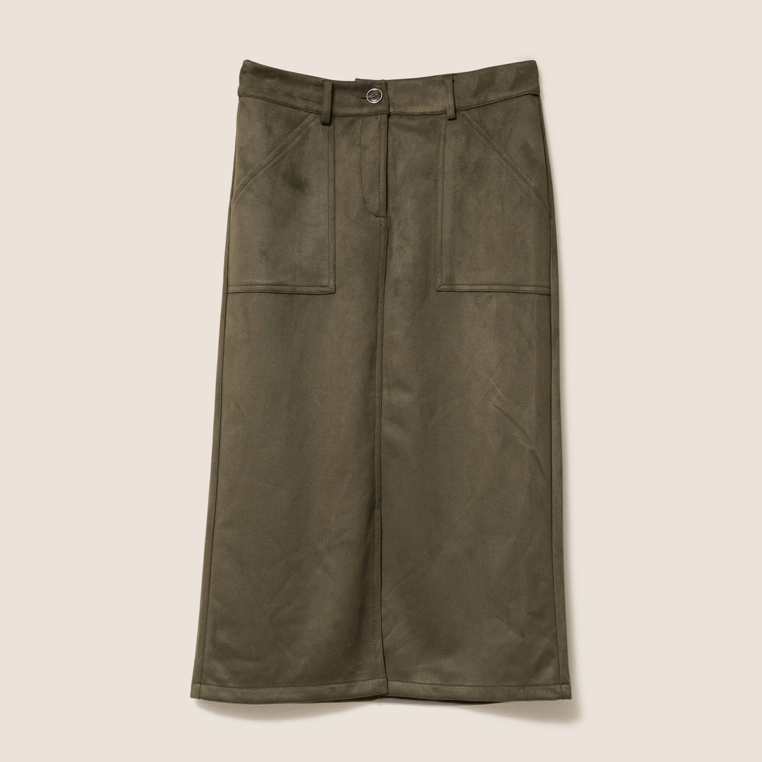 Jupe longue droite su&eacute;dine vert kaki femme