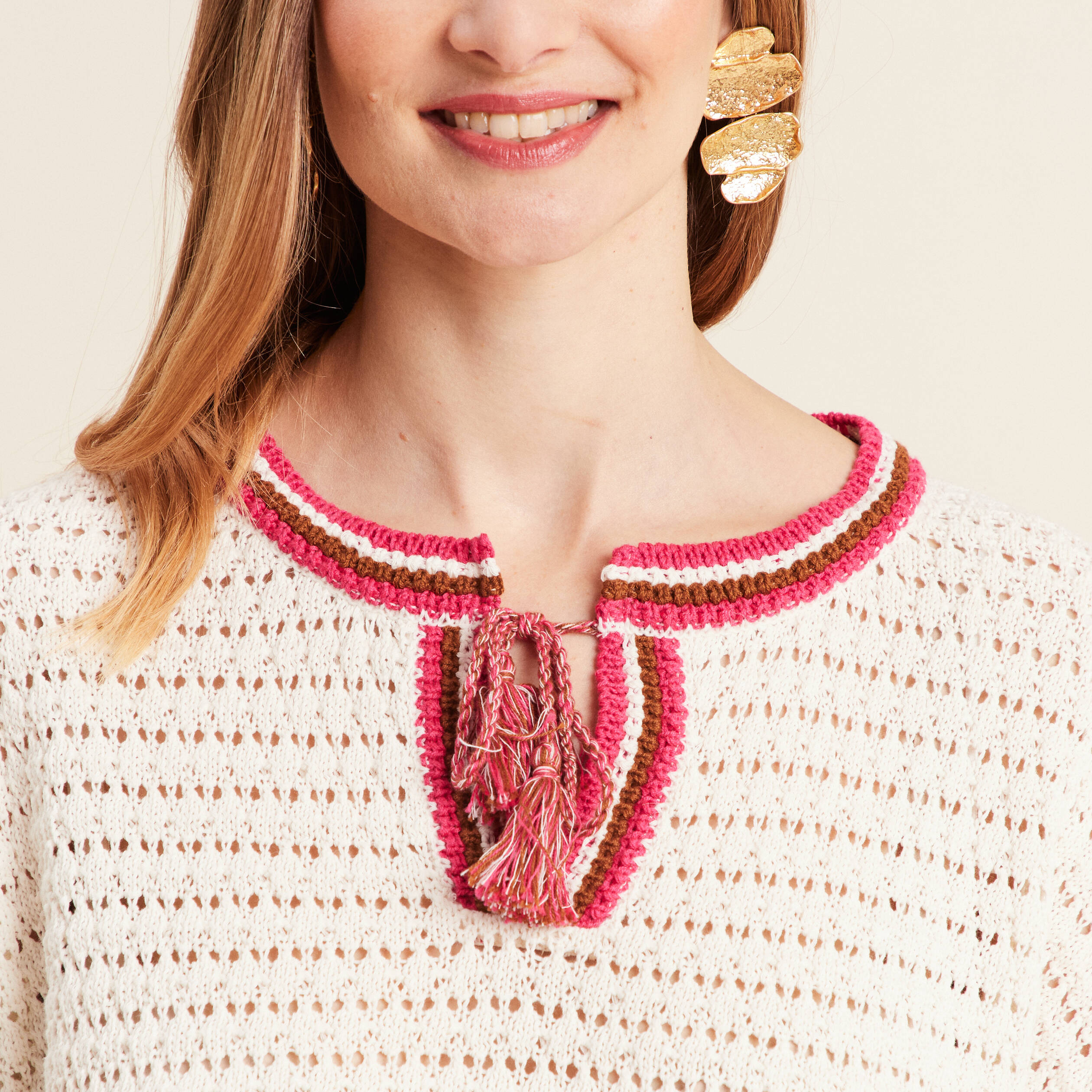 Pull manches longues ajouré ecru femme