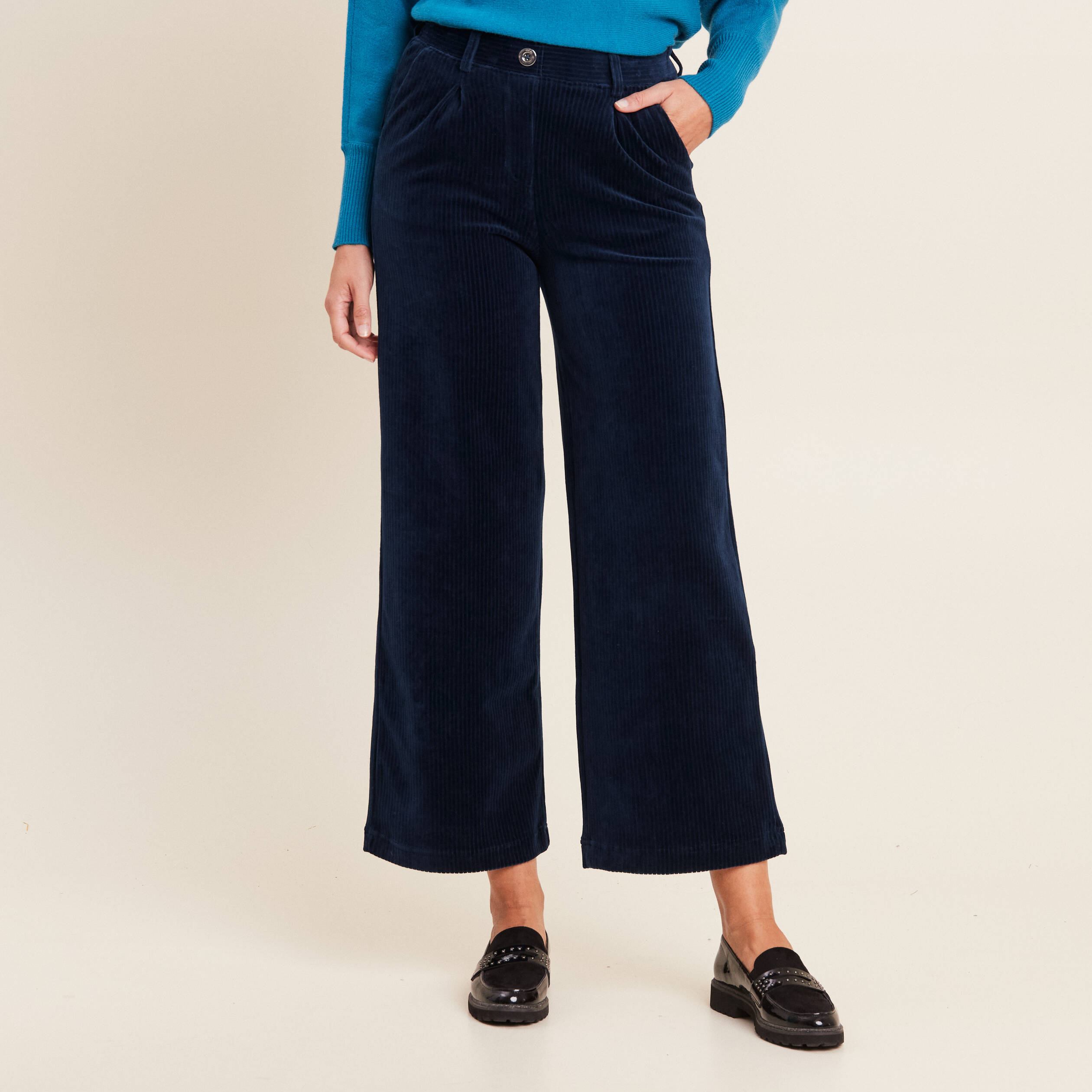 Pantalon large velours bleu marine femme Breal