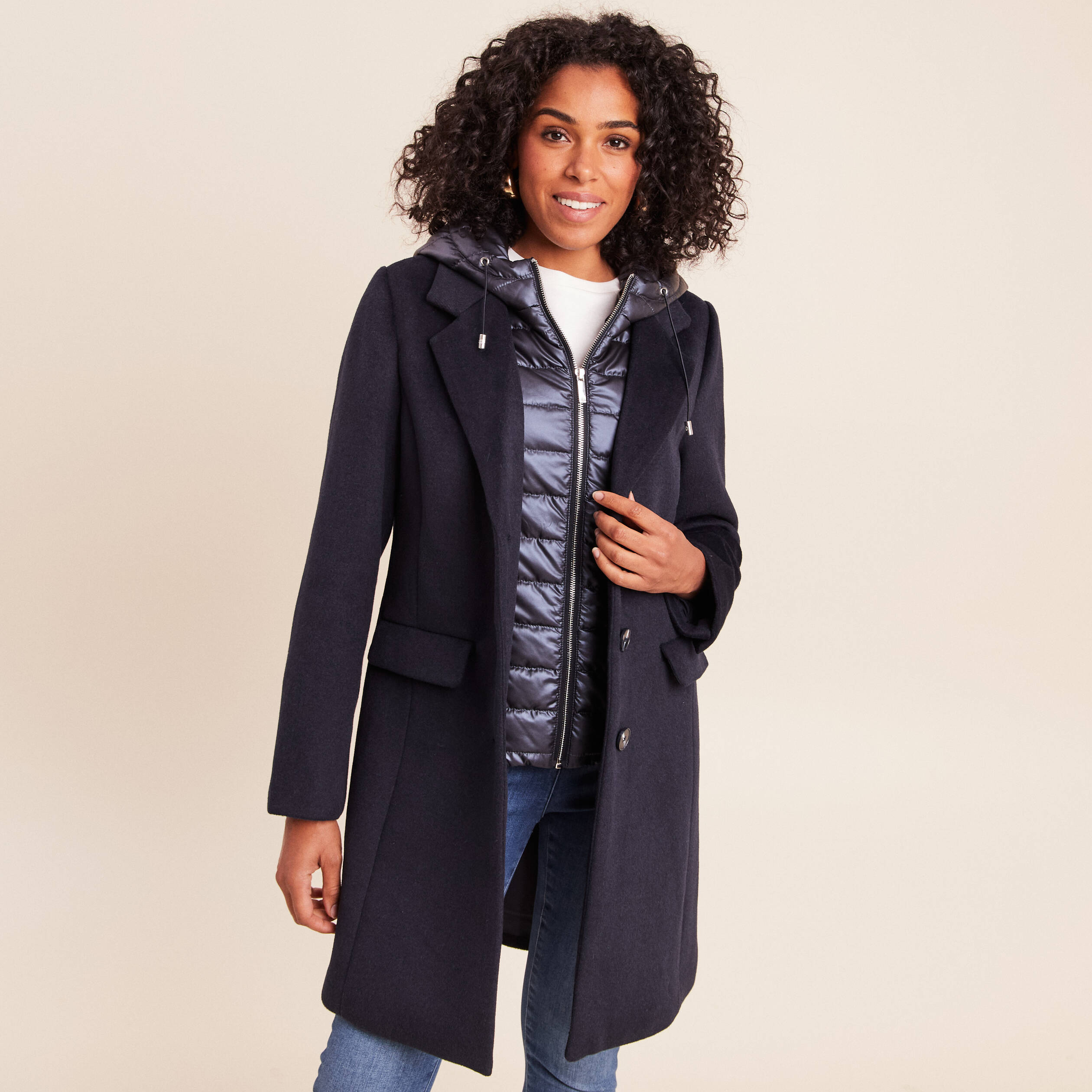 Manteau en droit à capuche bleu foncé femme Bréal