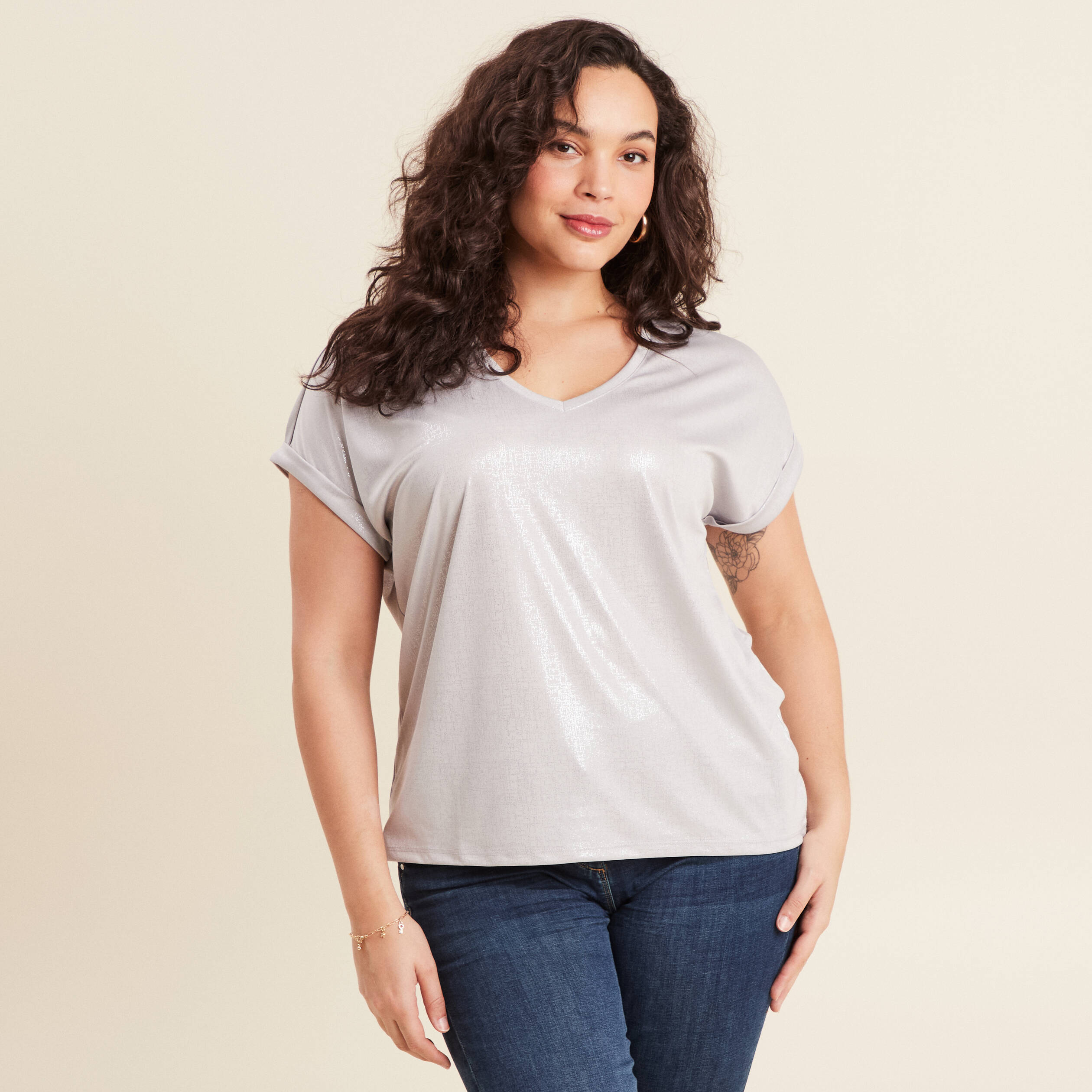 t shirt manches courtes gris argent femme T-shirt manches courtes gris argent femme