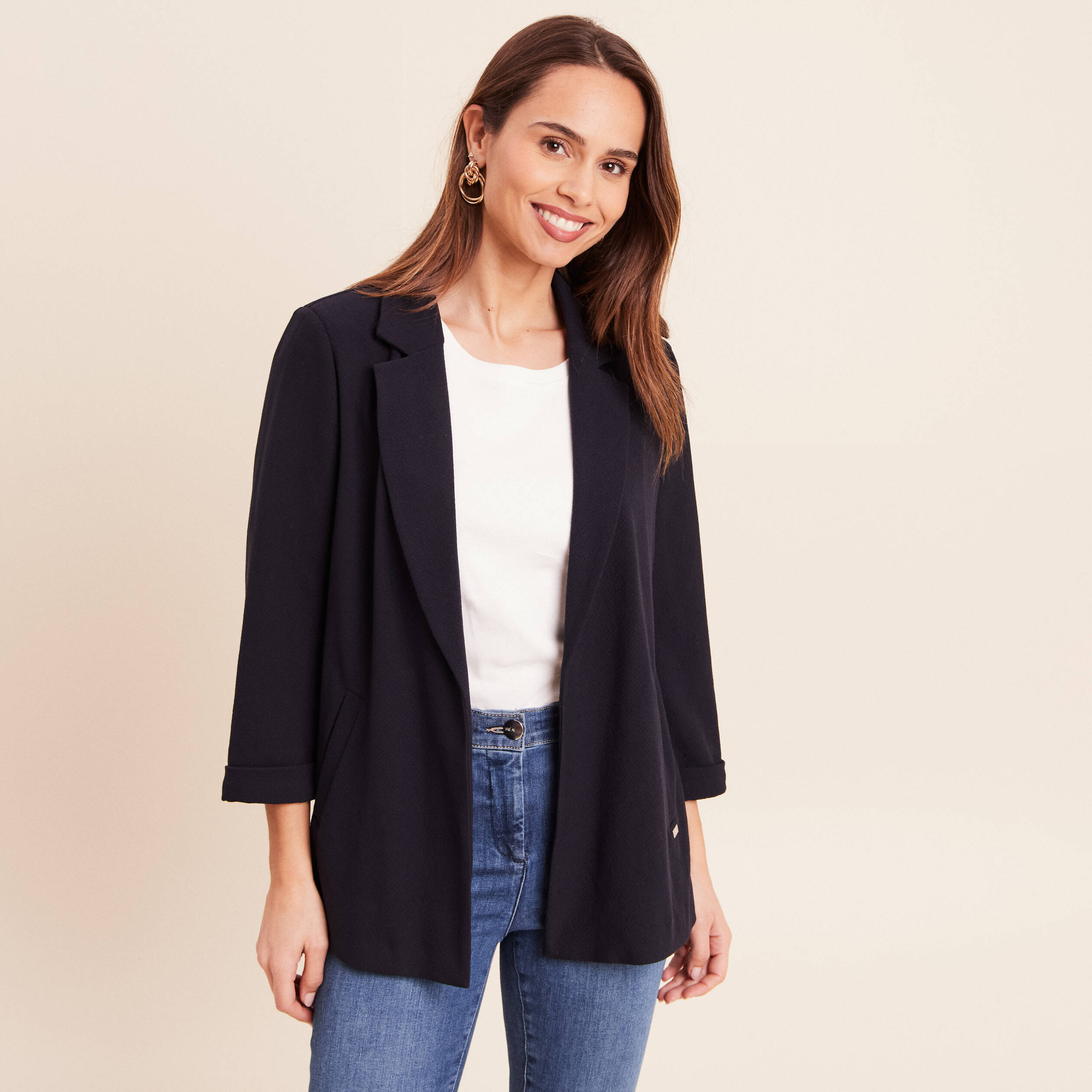 Veste longue droite col tailleur bleu fonc&eacute; femme