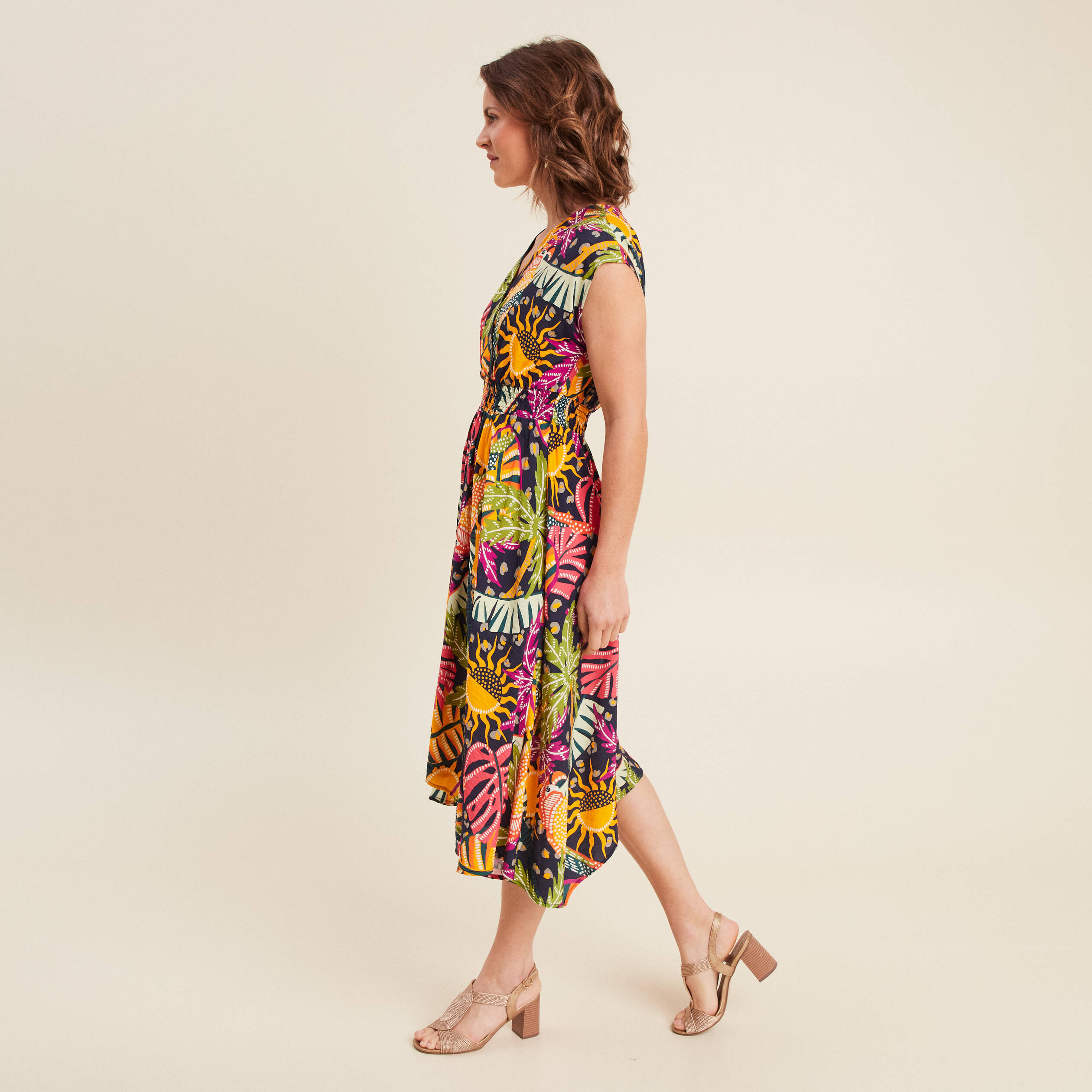Robe longue évasée sans manches multicolore femme