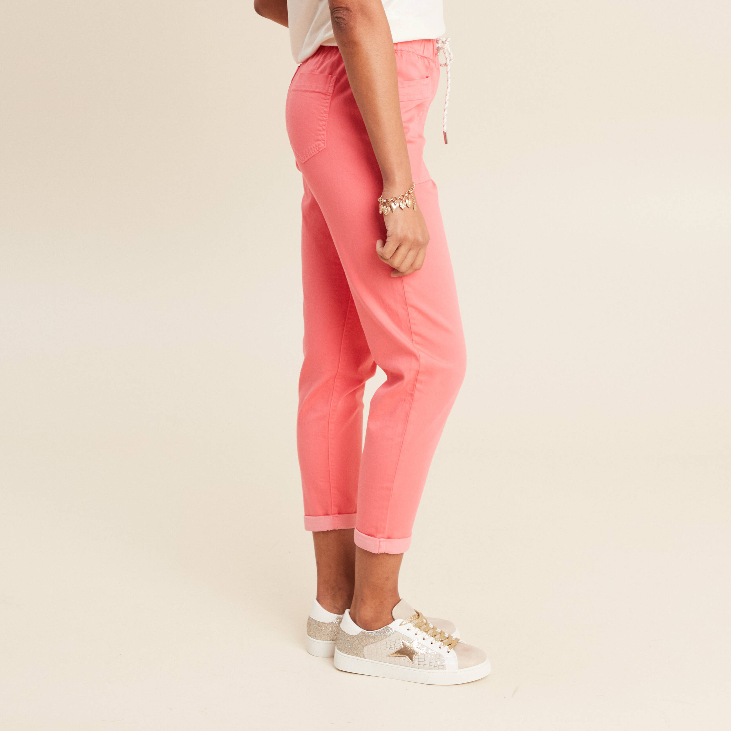 pantalon coupe droite a coulisse rose vif femme Pantalon coupe droite à coulisse rose vif femme